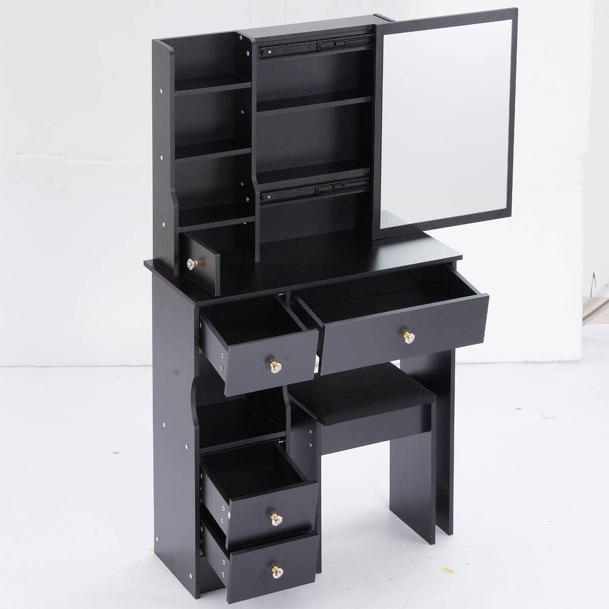 Alt View 7. Loheer - Loheer Small Space Vanity Table with Sliding Mirror and Padded Stool, Black MDF, Compact Bedroom - Black.