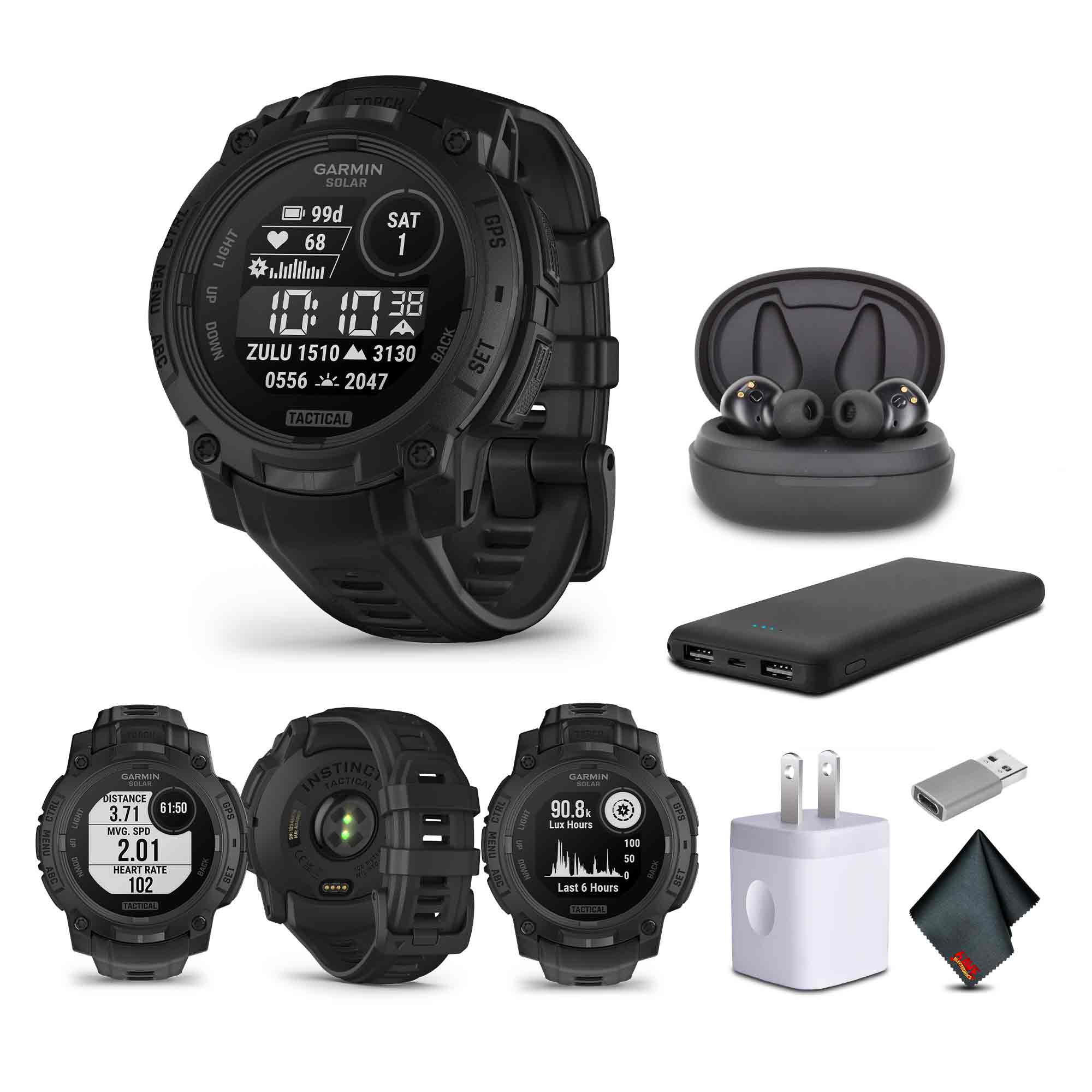 Garmin - Instinct 3, 45mm, Solar, Tactical Edition, Air Pro TWS Wireless EarBuds, Bundle - Black - (2025)
