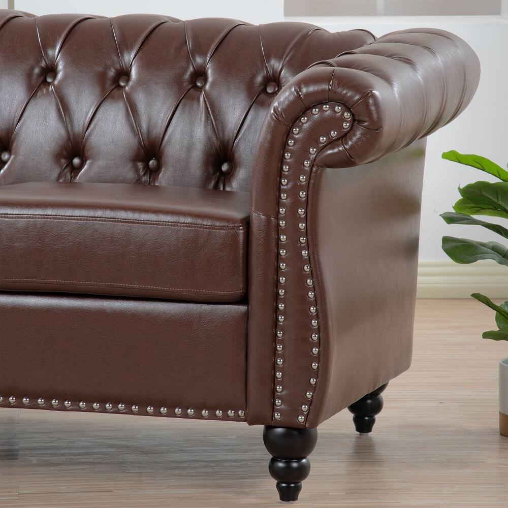Alt View 10. Loheer - Loheer 84.65" Dark Brown PU Leather Chesterfield Sofa, Rolled Arm 3 Seater Couch with Tufted Back for Living Room - Dark Brown.