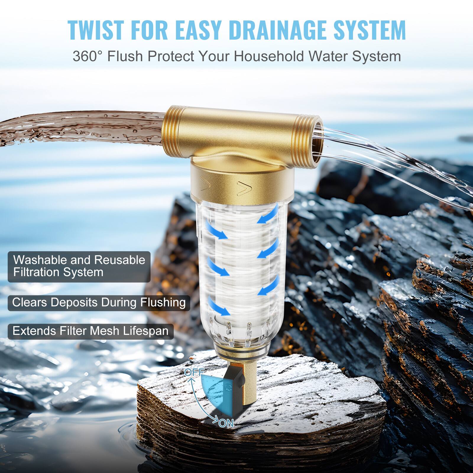 TWIST FOR EASY DRAINAGE SYSTEM  
360° Flush Protect Your Household Water System  

- Washable and Reusable Filtration System  
- Clears Deposits During Flushing  
- Extends Filter Mesh Lifespan  

OFF  
ON