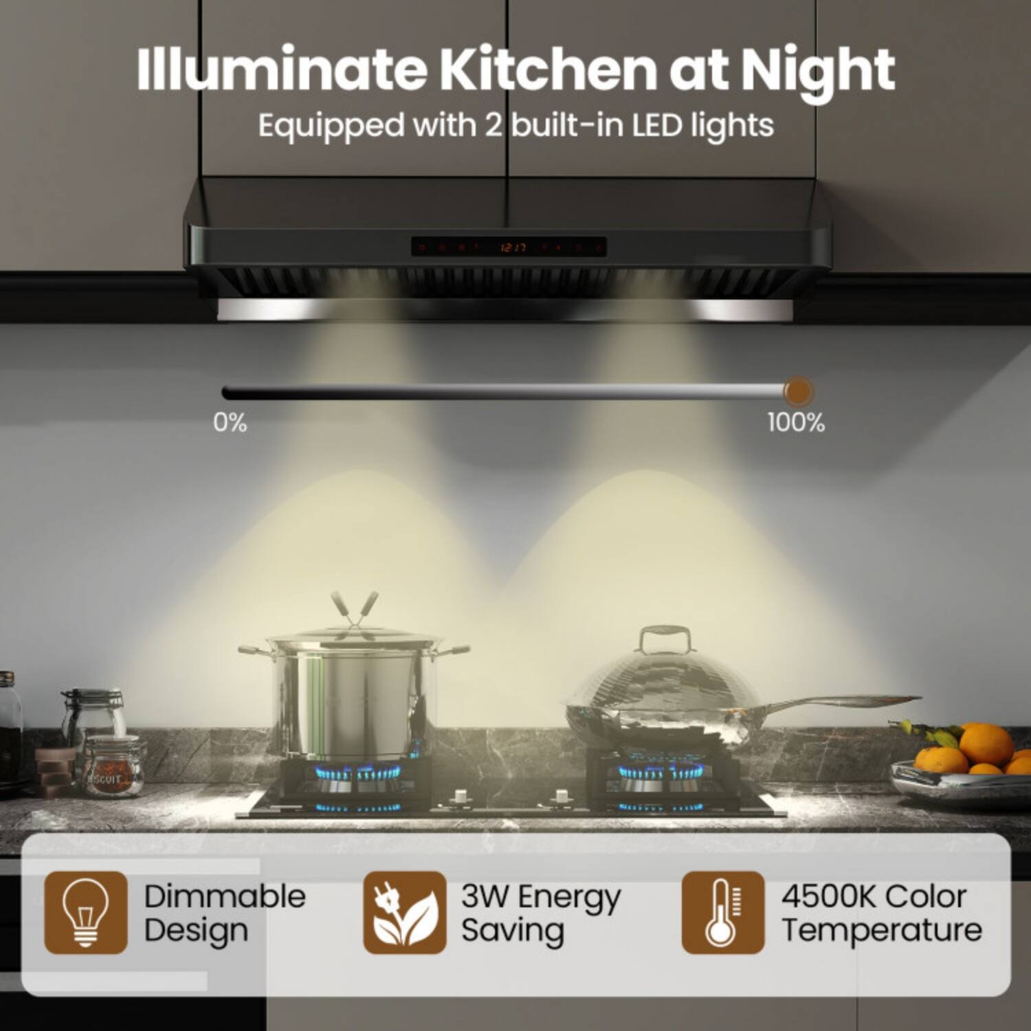 Illuminate Kitchen at Night  
Equipped with 2 built-in LED lights  

- Dimmable Design  
- 3W Energy Saving  
- 4500K Color Temperature