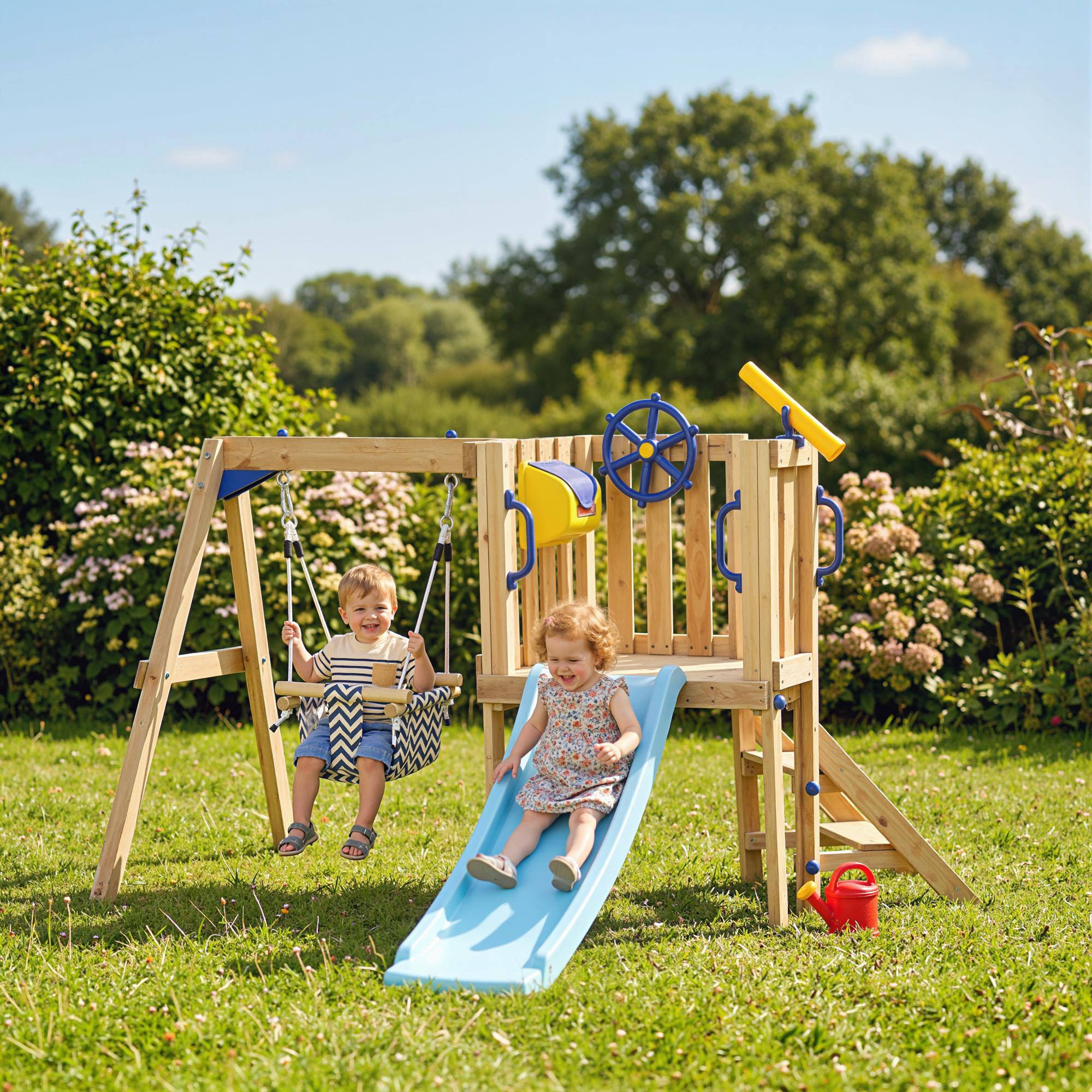Alt View 1. Outsunny - Wooden Swing Set, Backyard, Toddler Outdoor Playset, Baby Swing Seat, Kids Slide, Fort, Captain's Wheel, Telescope.