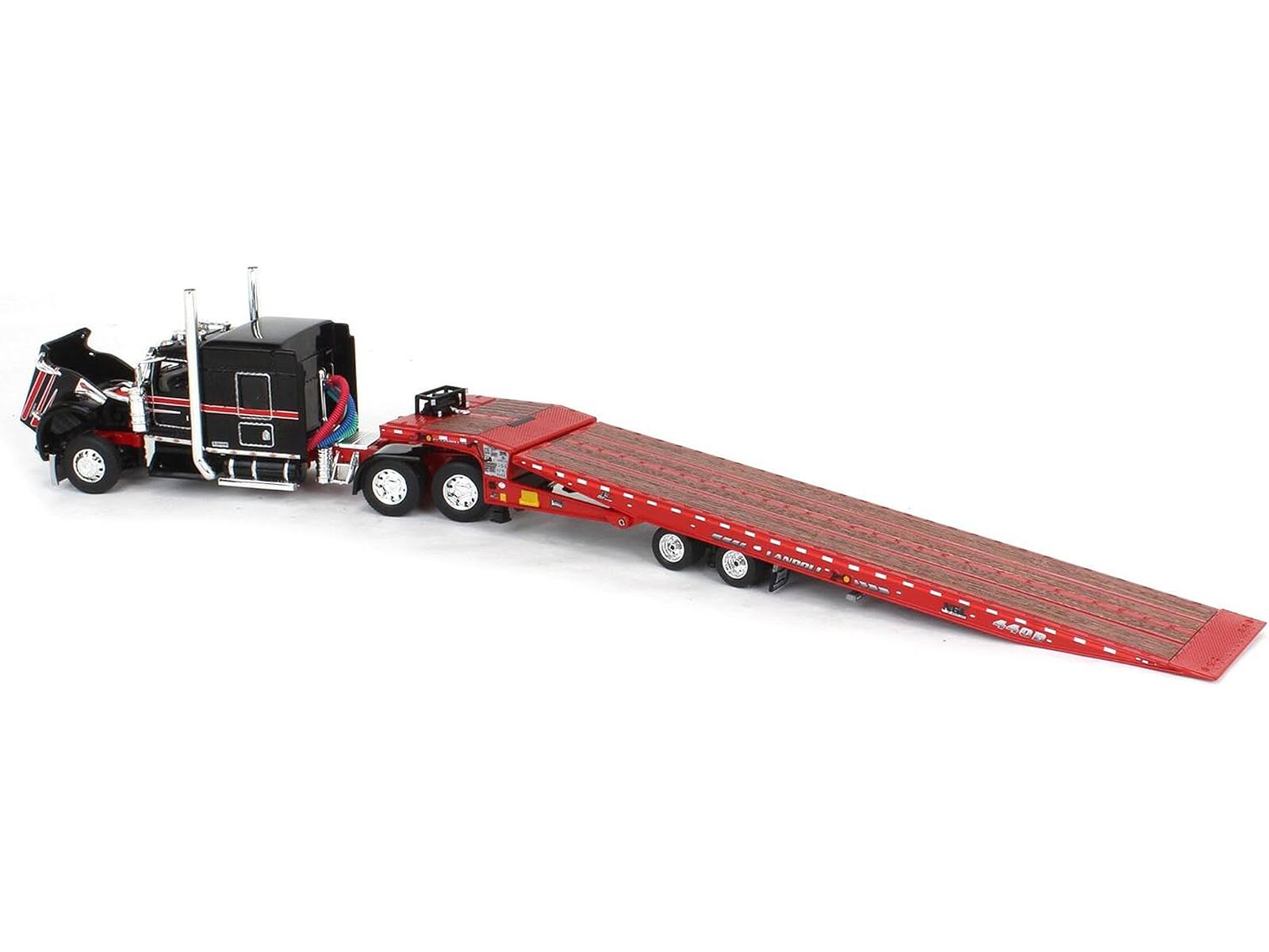 Back. First Gear - Kenworth W900L with 72 AeroCab Sleeper and Landoll 440B50CA Traveling Axle Trailer Black and Red 1/64 by DCP/First Gear - Black and Red.