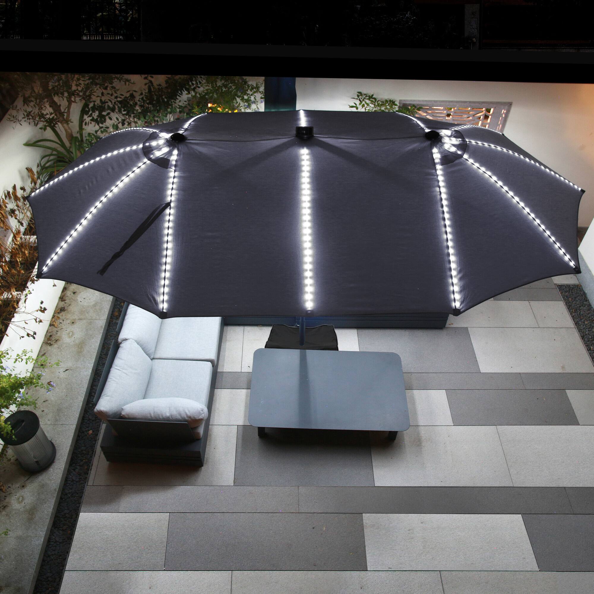 Left. Mondawe - 15ft Patio Market Umbrella with Large Lighted Fiberglass and Base - Navy blue.
