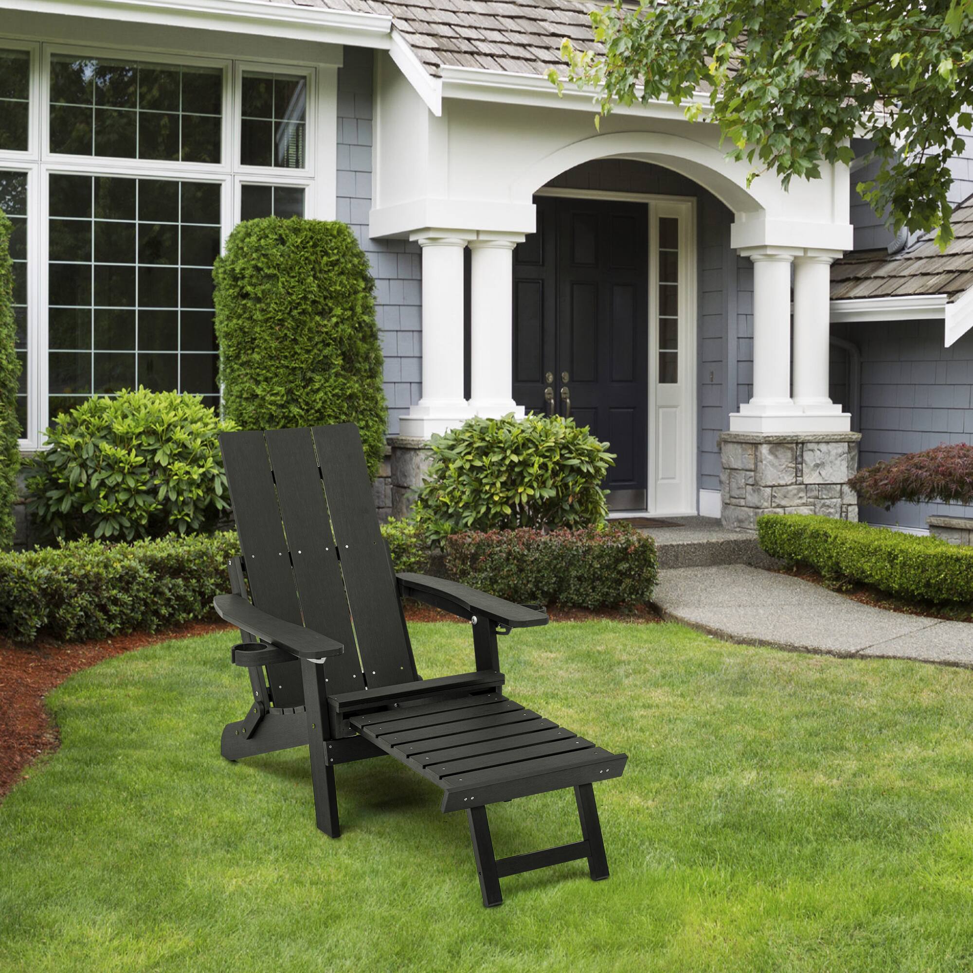 Angle. Fortune Candy - Folding Adirondack Chair w/Cupholders, Ottoman & Cushion, Adjustable Backrest for Patio, Porch, Beach - Carbon Black.