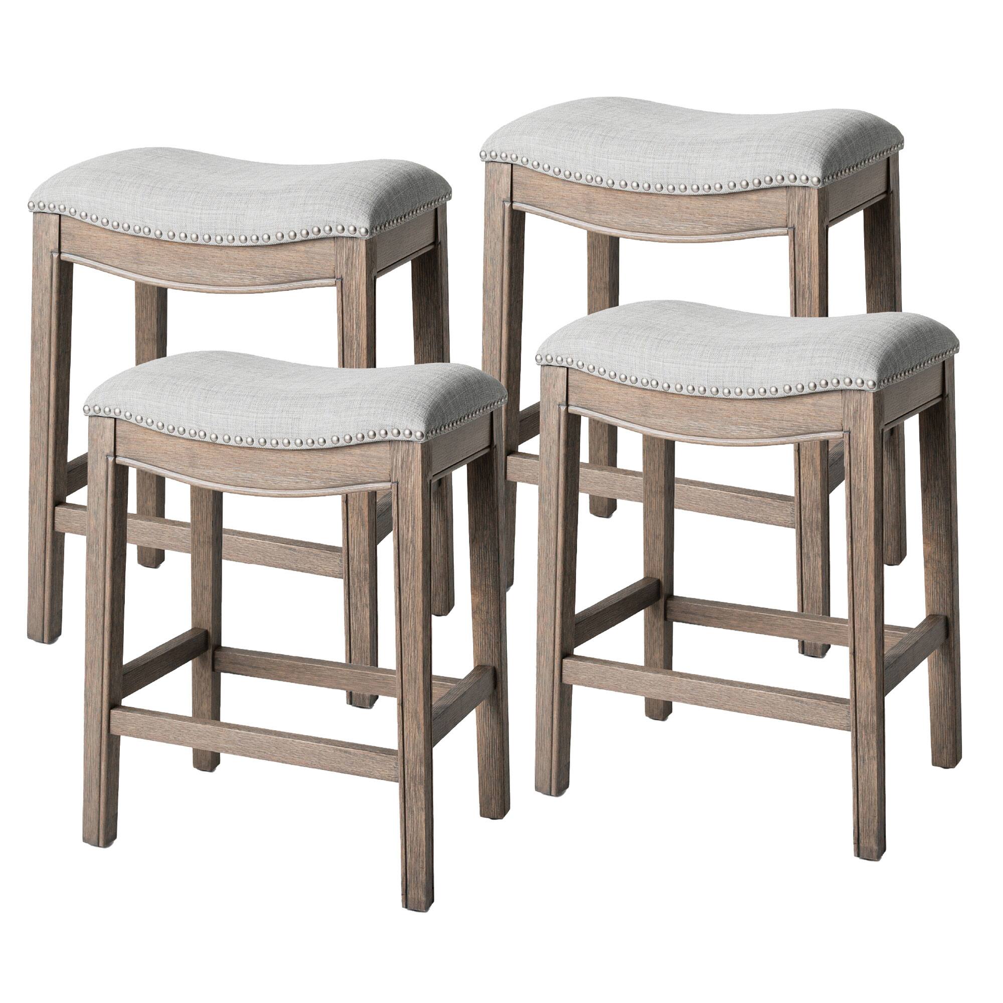 Front. Maven Lane - Maven Lane Adrien Saddle Counter Stool in Reclaimed Oak Finish with Ash Grey Fabric Upholstery, Set of 4 - Reclaimed Oak.