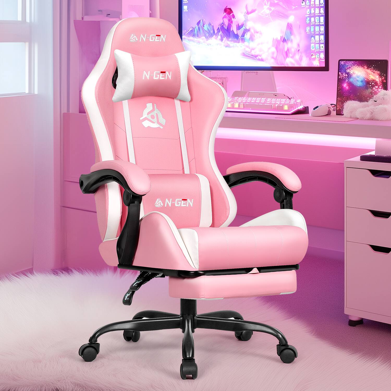 Neo Chair - Gaming Chair with Footrest High Back Ergonomic Comfortable Office Computer Desk Lumbar Support with PU Leather Recliner - Pink