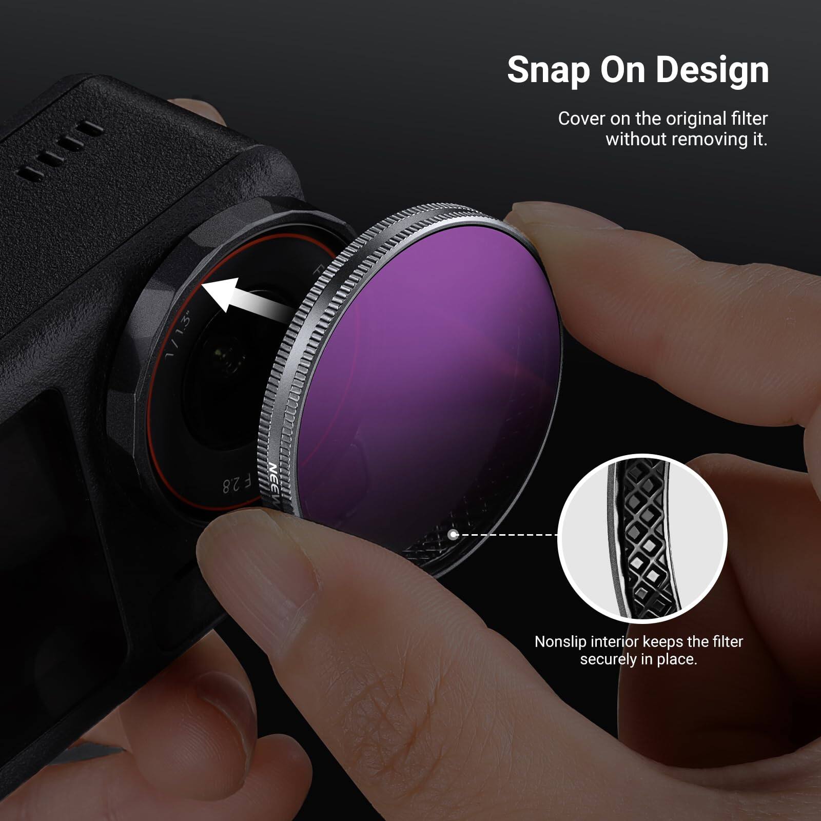 Snap On Design  
Cover on the original filter without removing it.  

1/1.3-2.8 F NEE  
Nonslip interior keeps the filter securely in place.