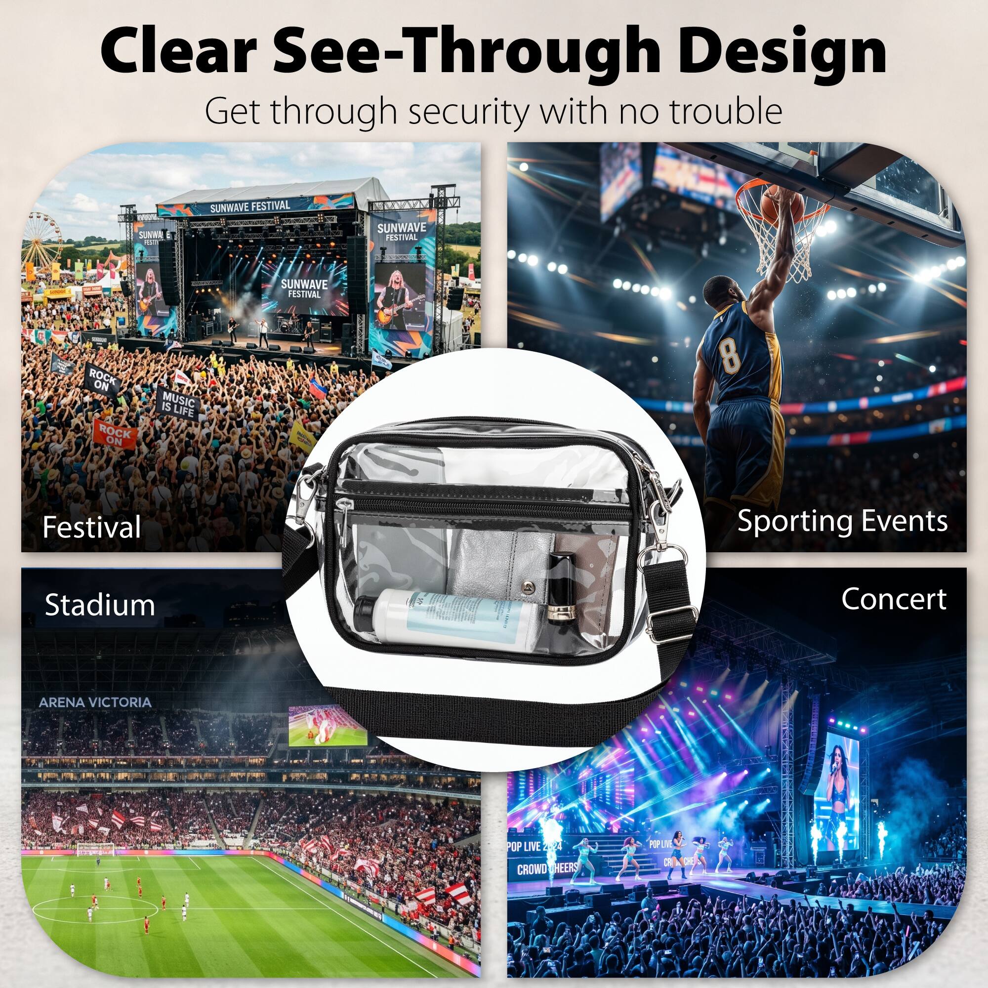 Clear See-Through Design  
Get through security with no trouble

Festival  
Stadium  
Sporting Events  
Concert  

SUNWAVE FESTIVAL  
ARENA VICTORIA  
POP LIVE 2021  
CROWD HEER PIPUME
