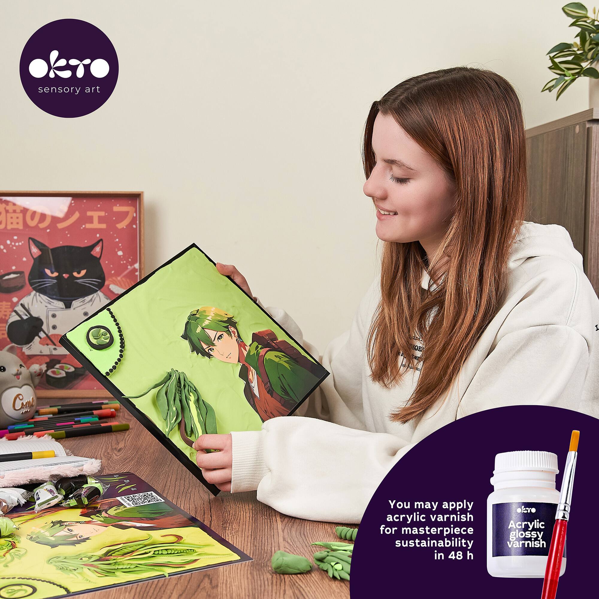 okro sensory art  
10E  
Crat - You may apply acrylic varnish for Acrylic masterpiece glossy sustainability varnish in 48 h