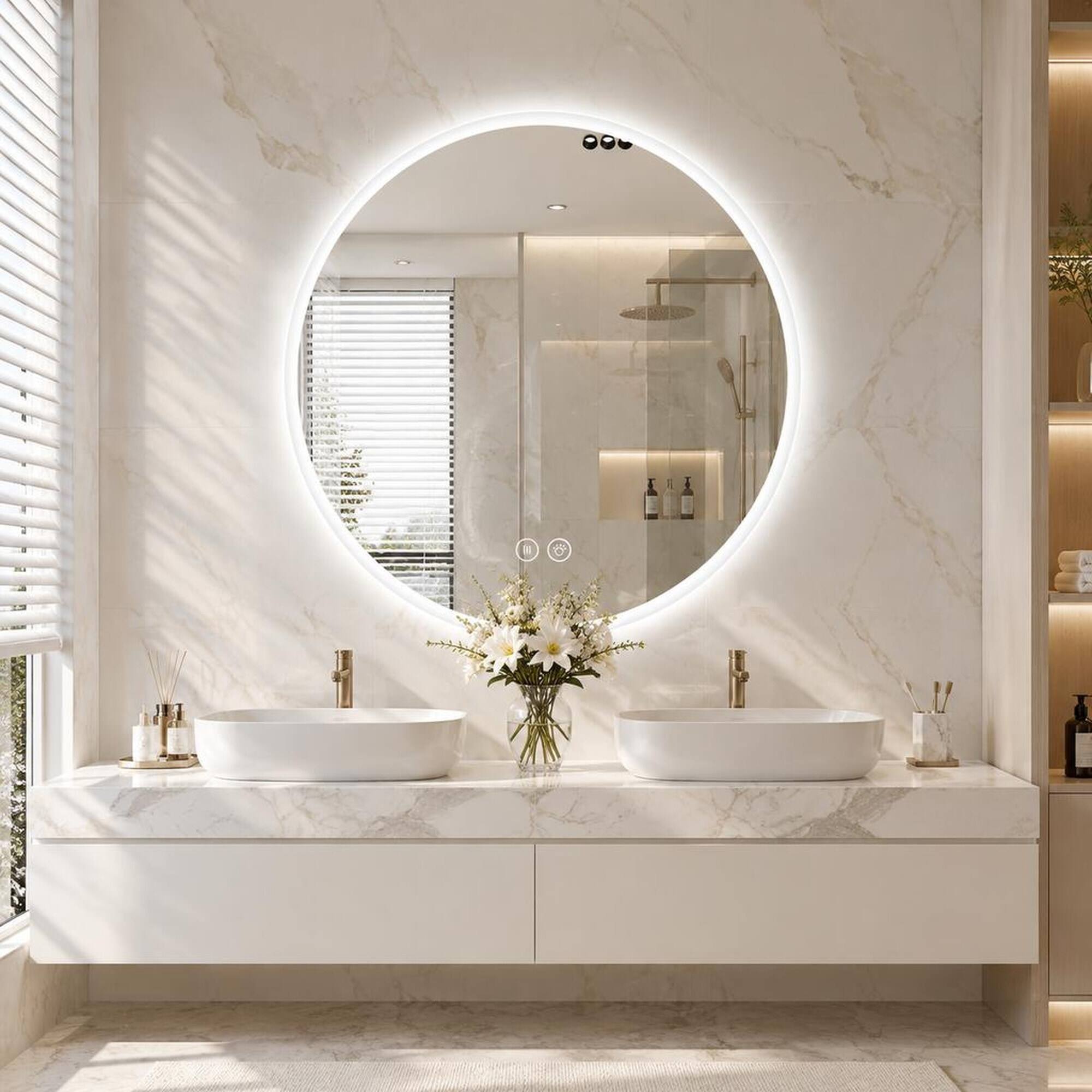 Back. RYHNUYNE - Round LED Bathroom Mirror, Wall Mounted Vanity Mirror, Anti Fog, Dimmable, 3 Color Temperatures, 5mm Glass - Silver.