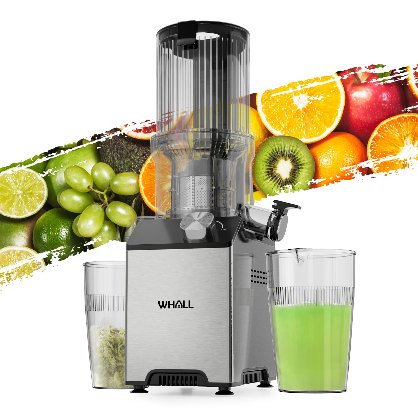 Front. WHALL - Whall Cold Press Juicer Machine, Slow Masticating Machines with 4" Extra Large Feed Chute, Reverse Function, Soft & Hard - Silver.