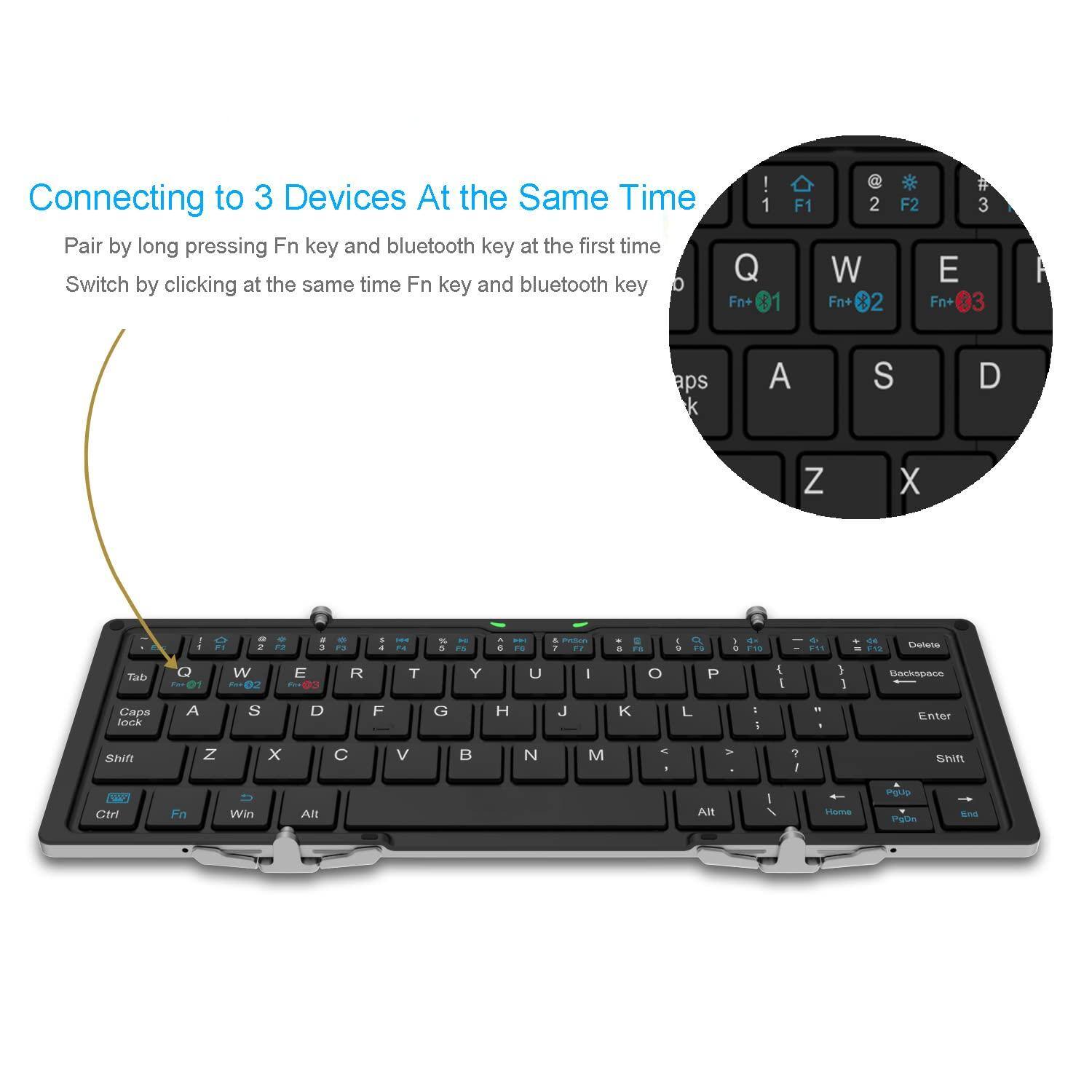 Connecting to 3 Devices At the Same Time

Pair by long pressing Fn key and bluetooth key at the first time

Switch by clicking at the same time Fn key and bluetooth key