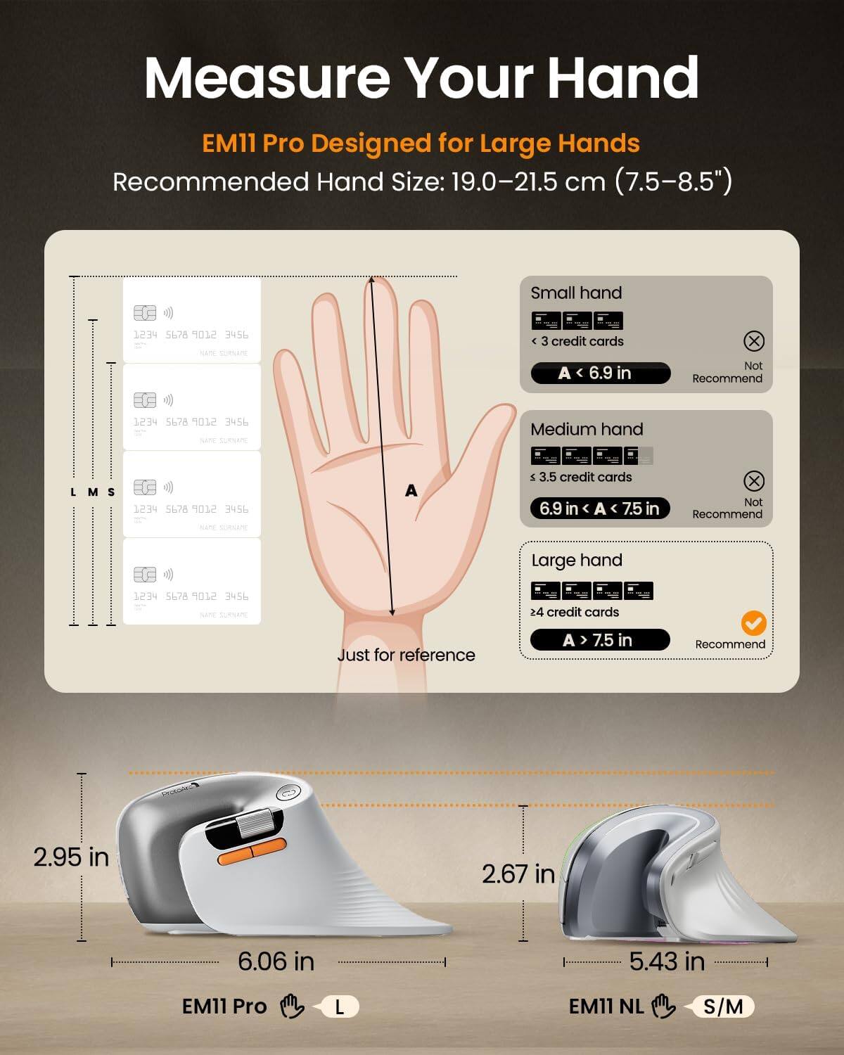 Measure Your Hand  
EM11 Pro Designed for Large Hands  
Recommended Hand Size: 19.0-21.5 cm (7.5-8.5")

Small hand  
< 3 credit cards  
A < 6.9 in  
Not Recommend

Medium hand  
3.5 credit cards  
6.9 in < A < 7.5 in  
Not Recommend

Large hand  
≥ 4 credit cards  
A > 7.5 in  
Recommend

Just for reference

EM11 Pro  
L

EM11 NL  
S/M