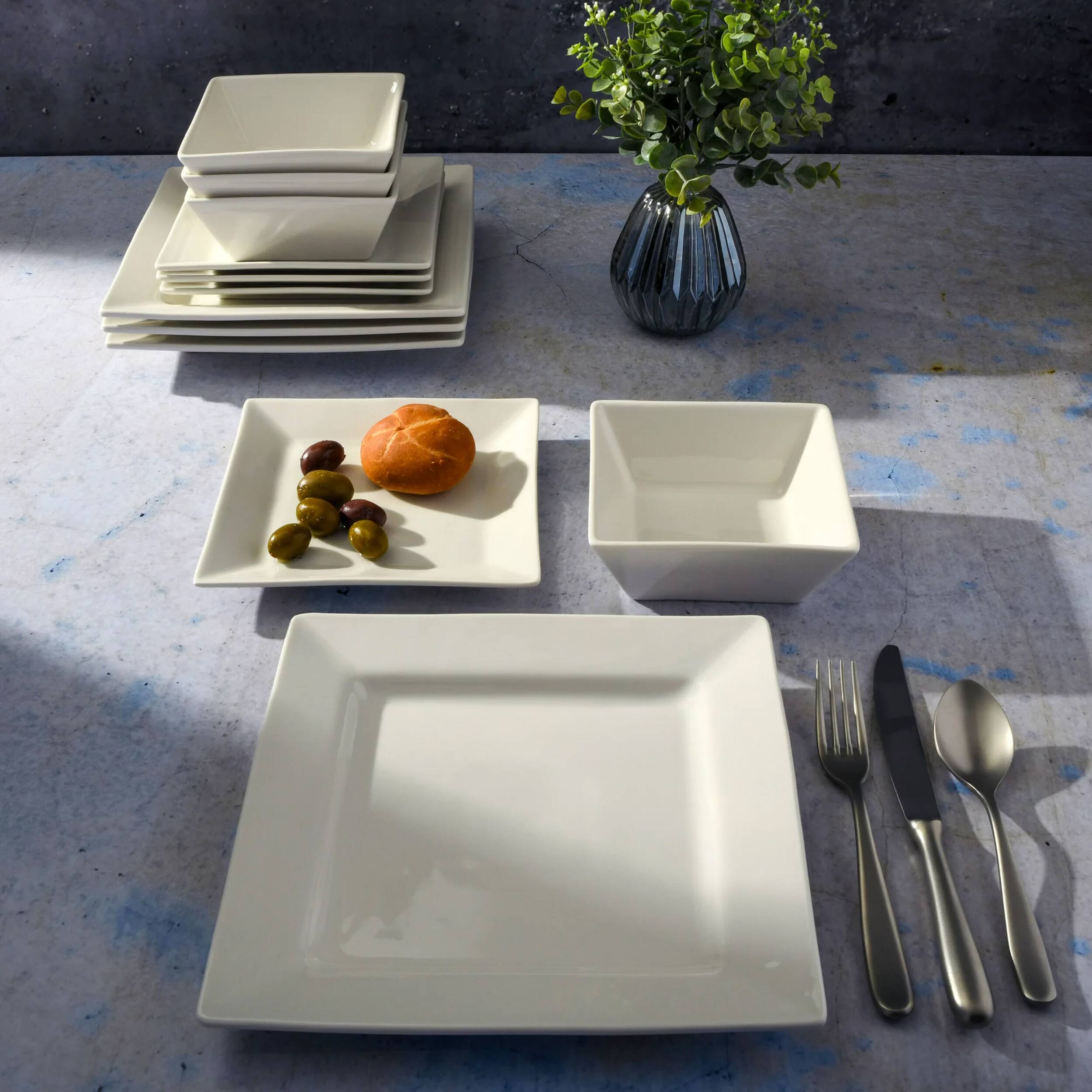 Alt View 6. Gibson - Gibson Everyday Hard Square 12 Piece Fine Ceramic Dinnerware Set in White - White.