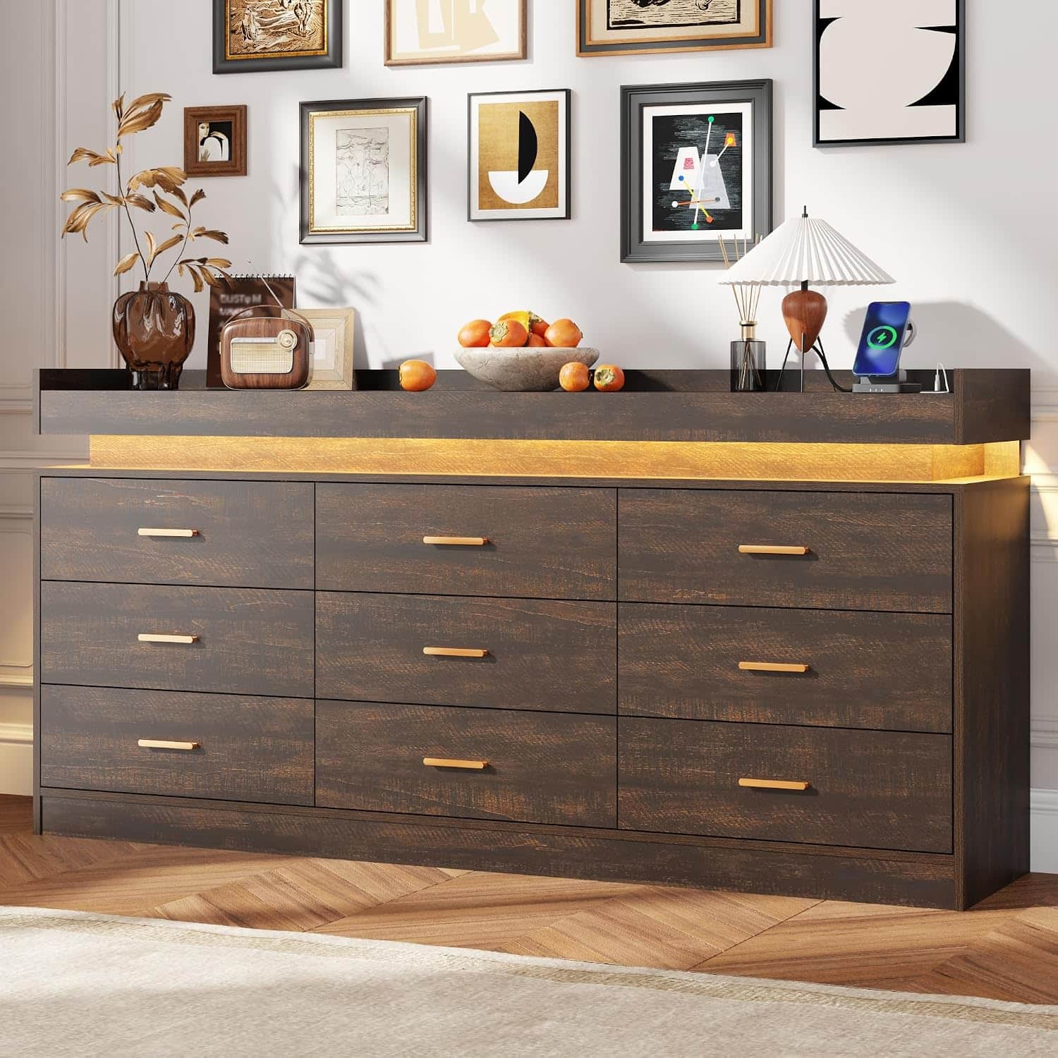 Espafurni - 9 - Drawer Dresser with LED Light & Charging Station - Modern Chest for Bedroom, Living Room, Entryway & Hallway - Brown