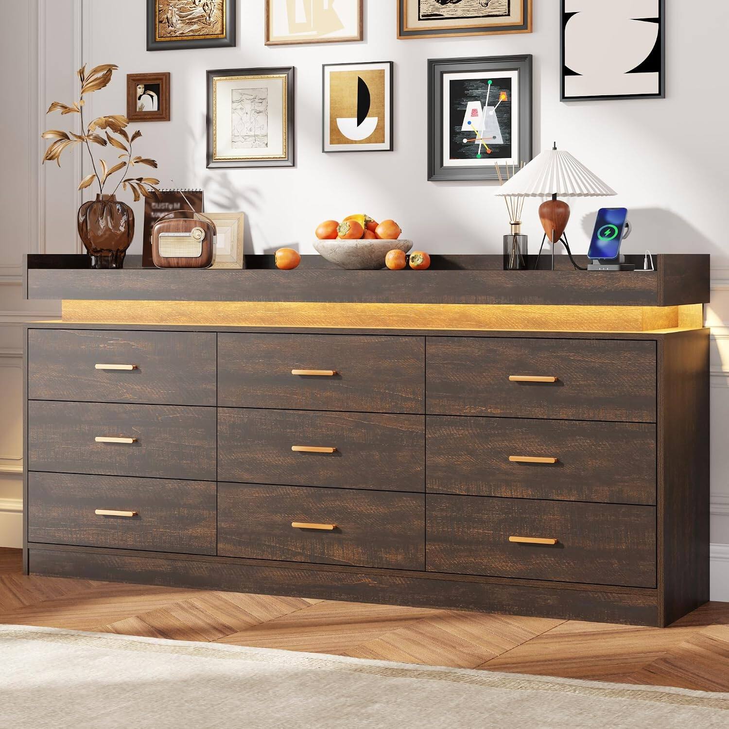 Espafurni - 9 - Drawer Dresser with LED Light & Charging Station - Modern Chest for Bedroom, Living Room, Entryway & Hallway - Brown