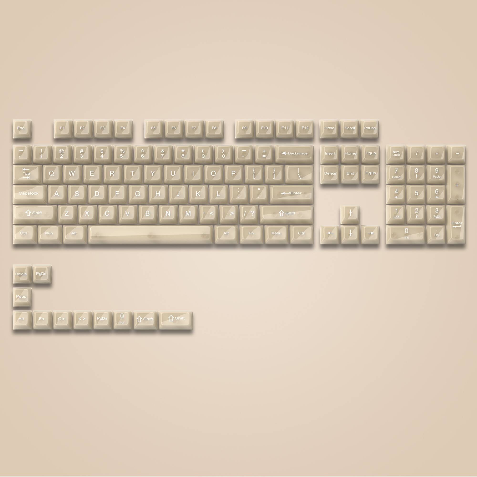 Esc
F1
F2
F3
F4
F5
F6
F7
F8
F9
F10
F11
F12
Prtsc
Scroll
Pause

1
2
3
4
5
6
7
8
9
0
-
=
Backspace
Insert
Home
Pgup
Num Lock
/
*
7
8
9
+
4
5
6
1
2
3
Enter
Delete
End
PgDn
Shift
Z
X
C
V
B
N
M
Shift
Ctrl
Win
Alt
Fn
Ctrl
0
Del
PgDn
Pgup
All
Shift
Shift