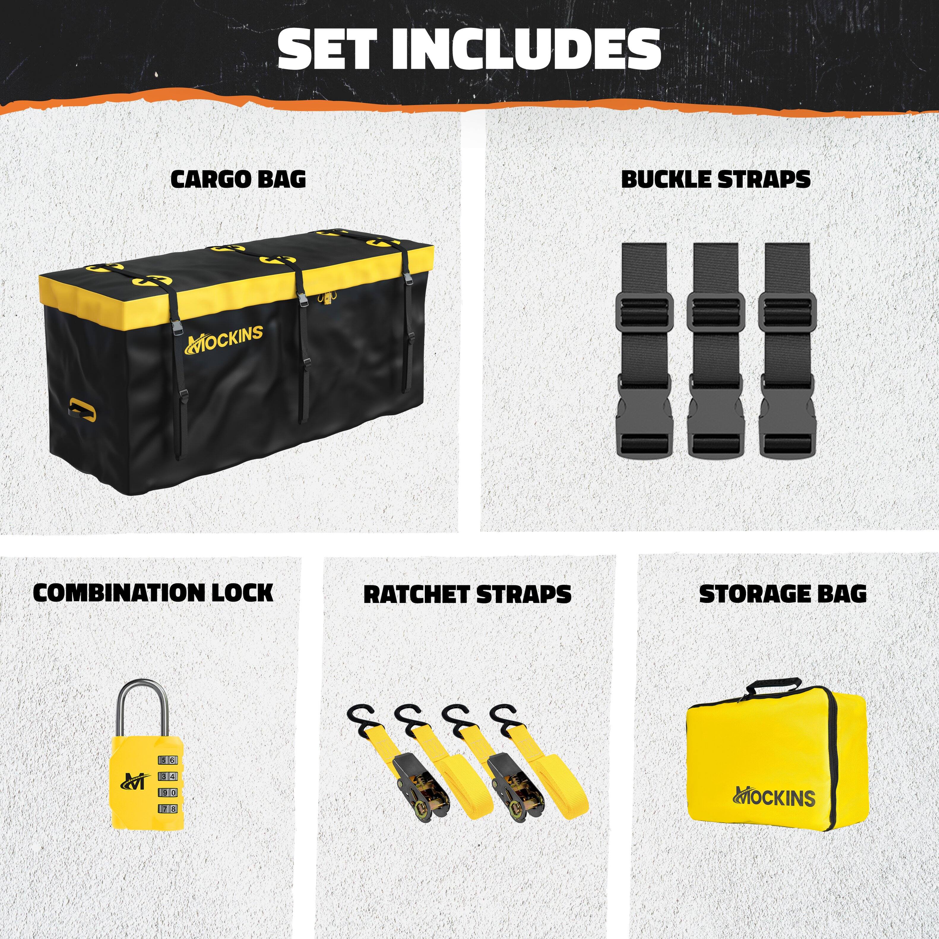 SET INCLUDES

- CARGO BAG
- BUCKLE STRAPS
- COMBINATION LOCK
- RATCHET STRAPS
- STORAGE BAG