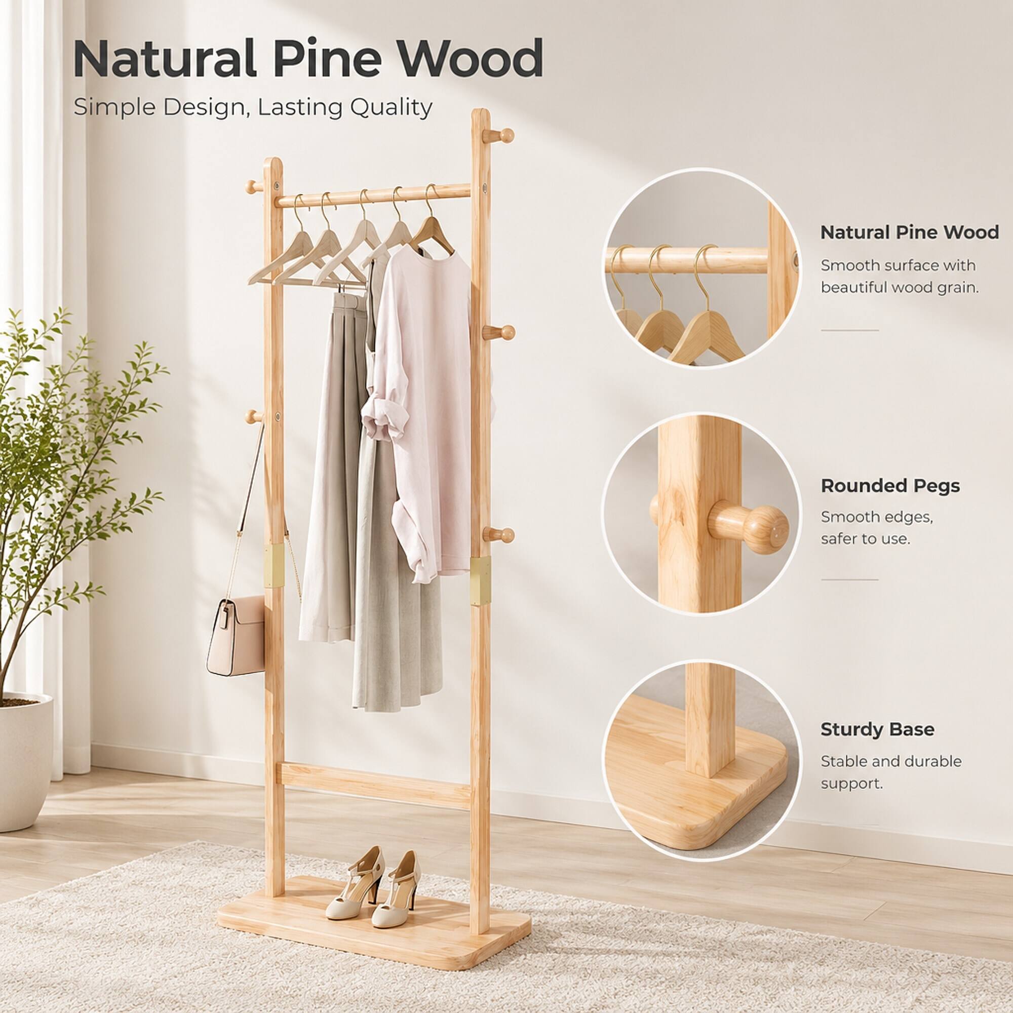 RYHNUYNE Solid Wood Coat Stand, 23.6 x 11 x 71 in, Natural Finish ...