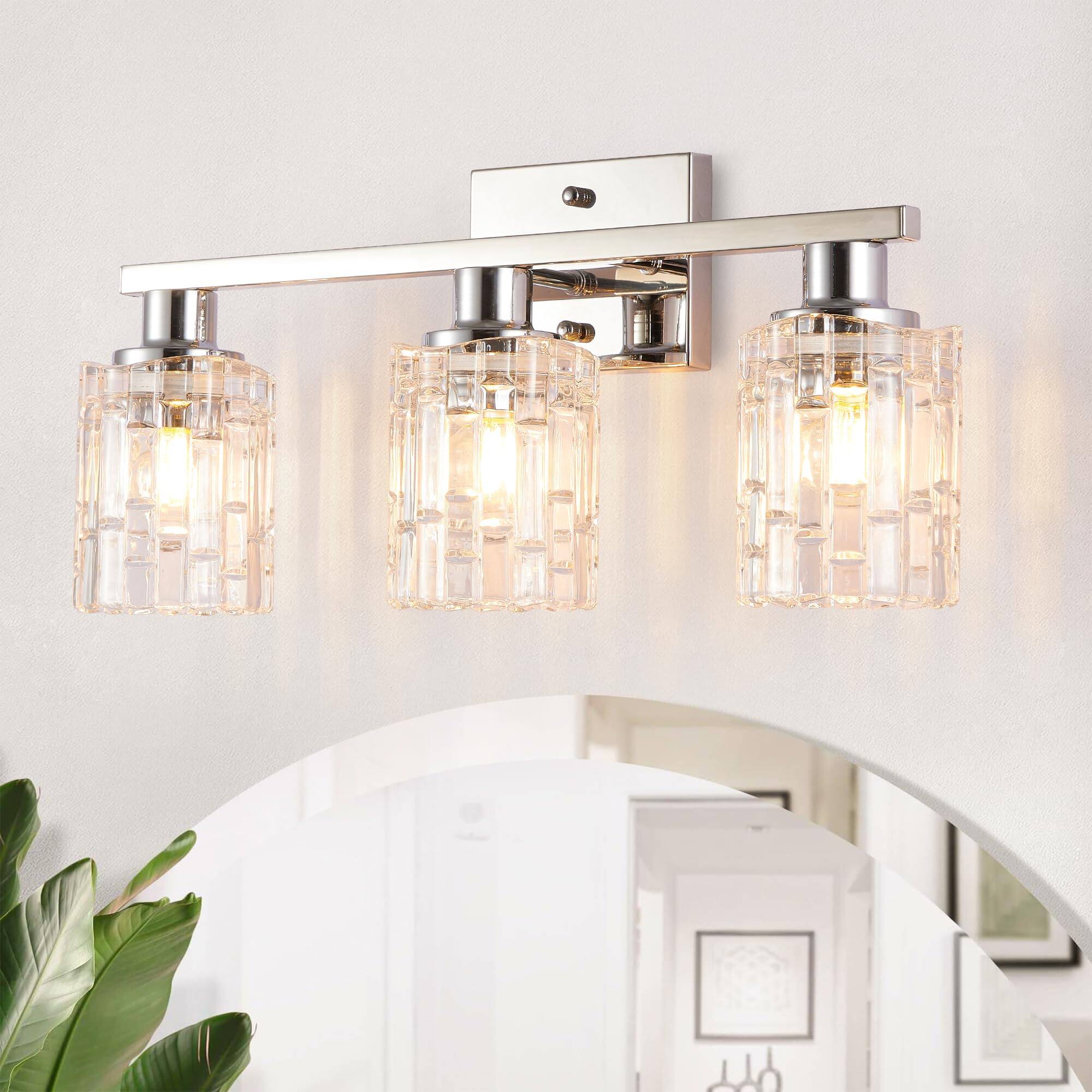 Comfort Essence - Light Brushed Nickel Bathroom Vanity Over Mirror Modern Lighting With Crystal Glass Shade Wall Mount Fixtur - Silver Chrome 3-Light