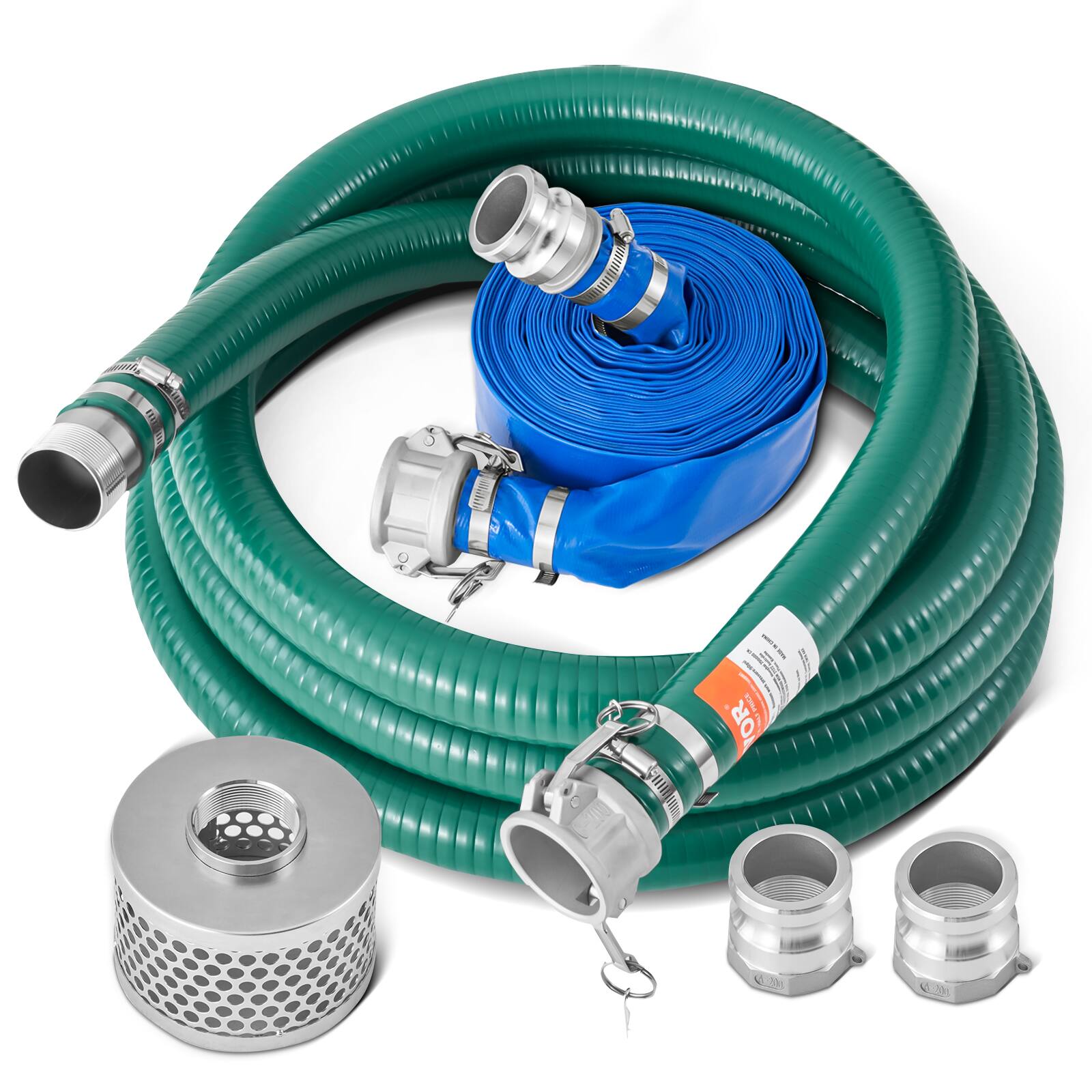 Front. VEVOR - Suction Hose Kit for Water Pump, with 2 in x 65 ft Blue Backwash Hose, 20 ft Green Suction Hose, and Steel Round Hole - Green + Blue.