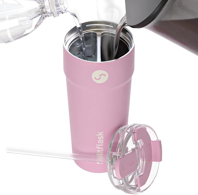 Front. Splitflask - Dual Chamber 2-in-1 Tumbler for Two Drinks 30 oz - Elle Pink - Elle Pink.