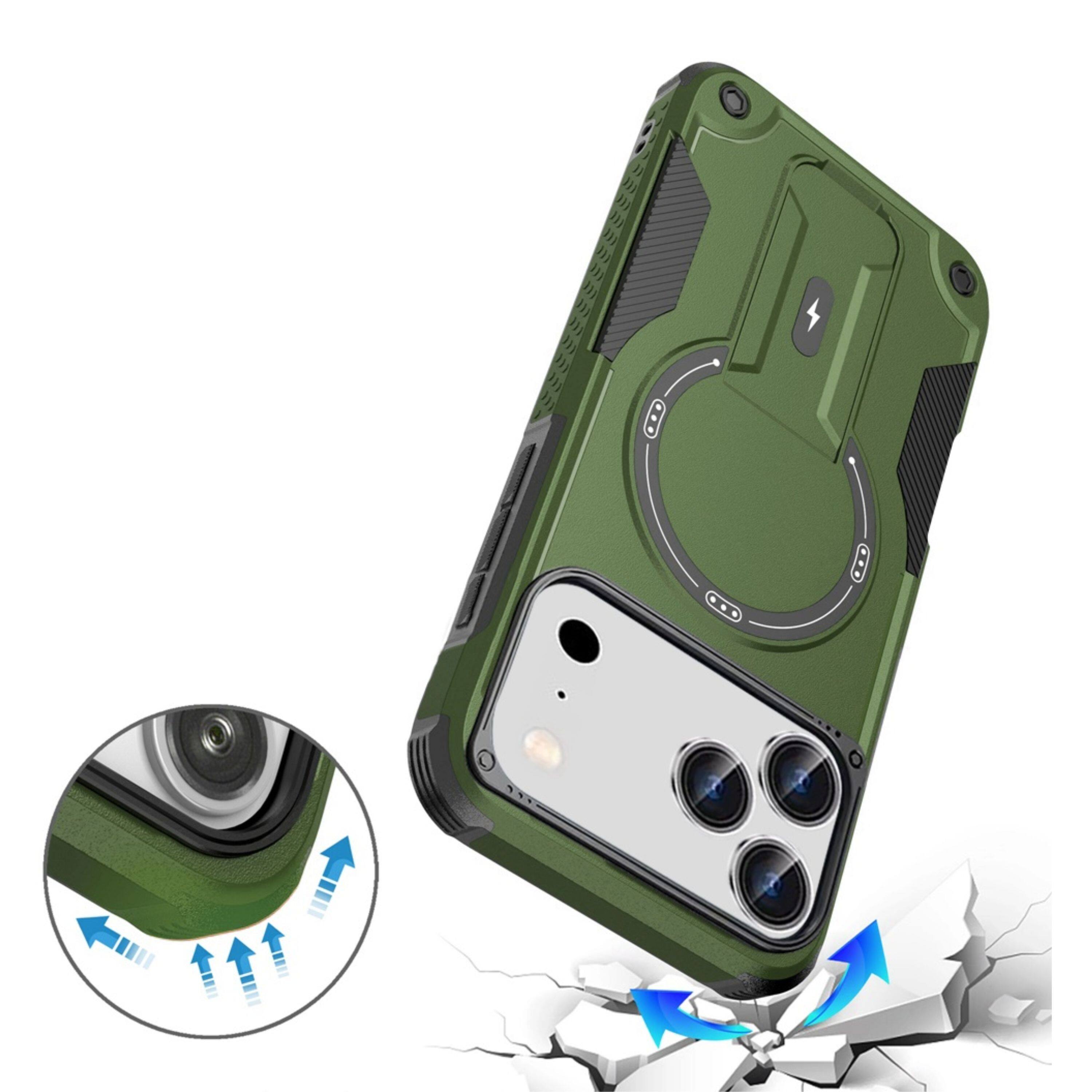 Left. Kitcheniva - Magnetic Circle Rugged Grip Kickstand Phone Case With Tempered Glass For iPhone 17 Pro Midnight Green - Midnight Green.