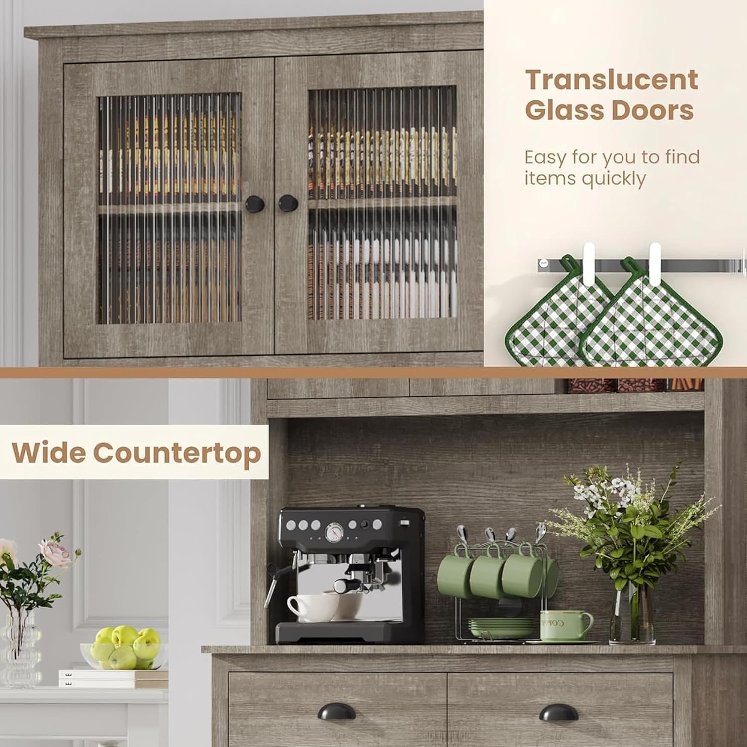 Translucent Glass Doors  
Easy for you to find items quickly  

Wide Countertop