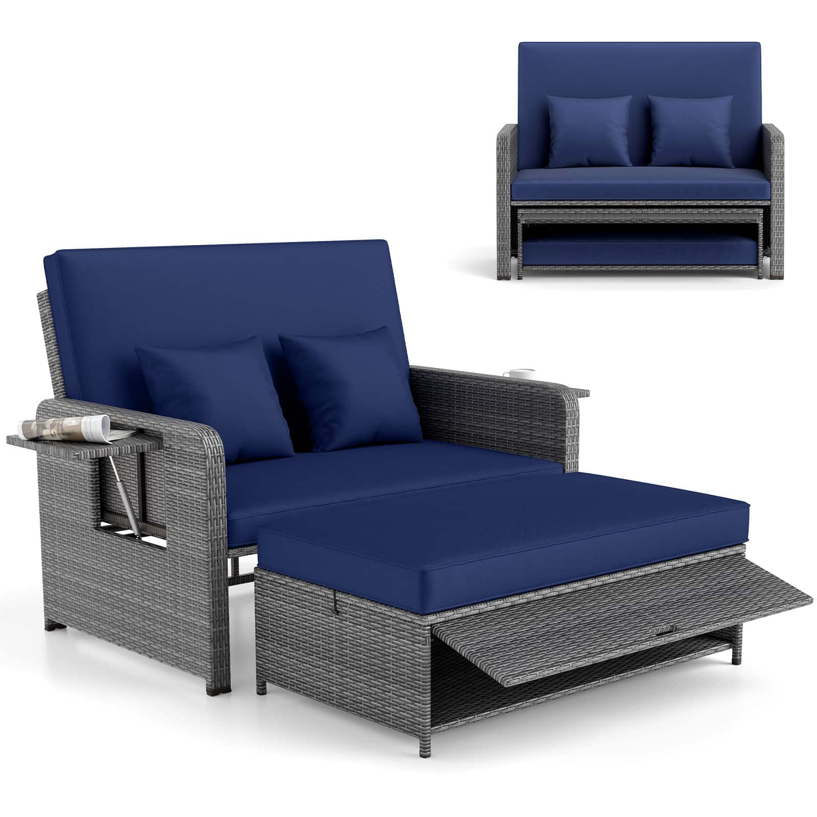 Gymax - Rattan Daybed Wicker Loveseat Sofa Set w/ Ottoman & Retractable Side Tray Patio - Navy