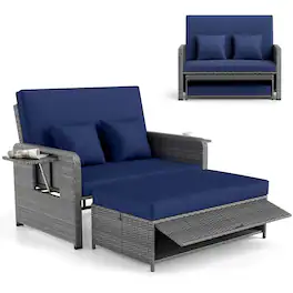 Gymax - Rattan Daybed Wicker Loveseat Sofa Set w/ Ottoman & Retractable Side Tray Patio - Navy