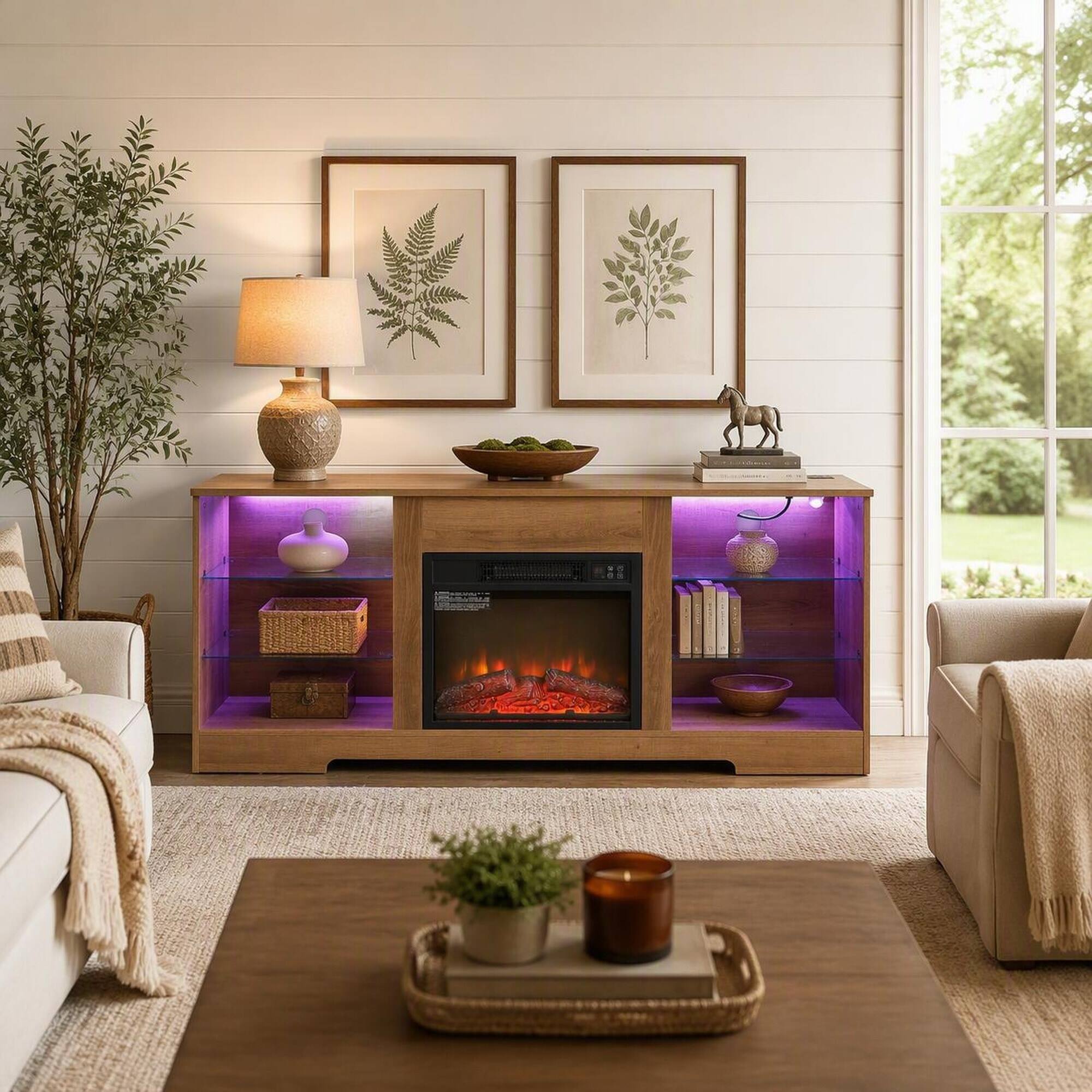 Angle. RYHNUYNE - 58" TV Stand with 18" Electric Fireplace, LED Color-Changing Flame, Glass Shelves, Wood Cabinet, USB & Outlets - White.