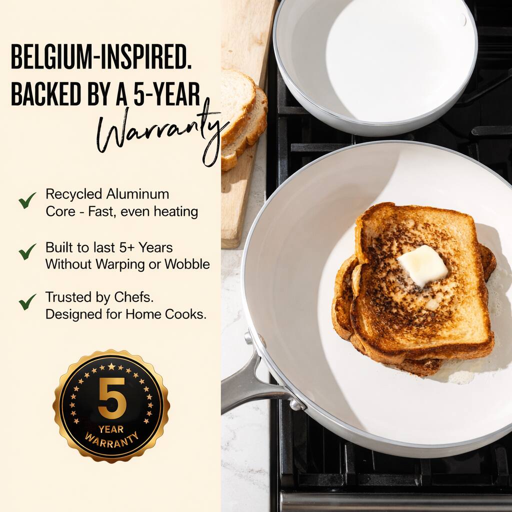 BELGIUM-INSPIRED.  
BACKED BY A 5-YEAR WARRANTY

- Recycled Aluminum Core - Fast, even heating
- Built to last 5+ Years Without Warping or Wobble
- Trusted by Chefs. Designed for Home Cooks.

5 YEAR WARRANTY
