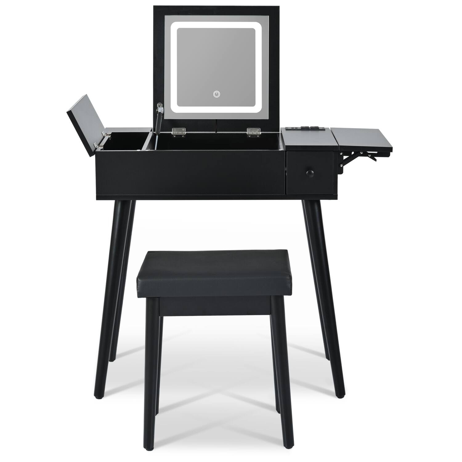 Left. Lirago - Black Wood Dresser Table with Flip Top Mirror LED Light Dressing Table Desk 15.83”D x 27.95“ W x 29.92“ H - Black.