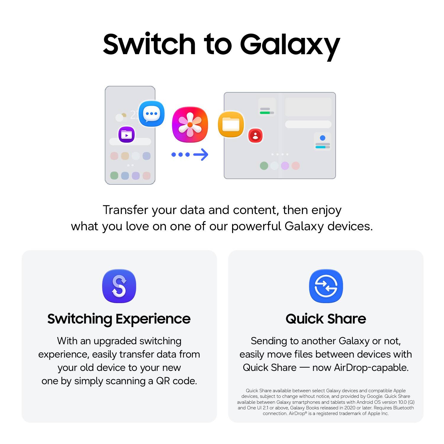 Switch to Galaxy 21

Transfer your data and content, then enjoy what you love on one of our powerful Galaxy devices.

Switching Experience
With an upgraded switching experience, easily transfer data from your old device to your new one by simply scanning a QR code.

Quick Share
Sending to another Galaxy or not, easily move files between devices with Quick Share — now AirDrop-capable.

Quick Share available between select Galaxy devices and compatible Apple devices, subject to change without notice, and provided by Google. Quick Share available between Galaxy smartphones and tablets with Android OS version 10 (Q) and One UI 2.1 or above. Galaxy Books released in 2020 or later. Requires Bluetooth connection. AirDrop is a registered trademark of Apple Inc.
