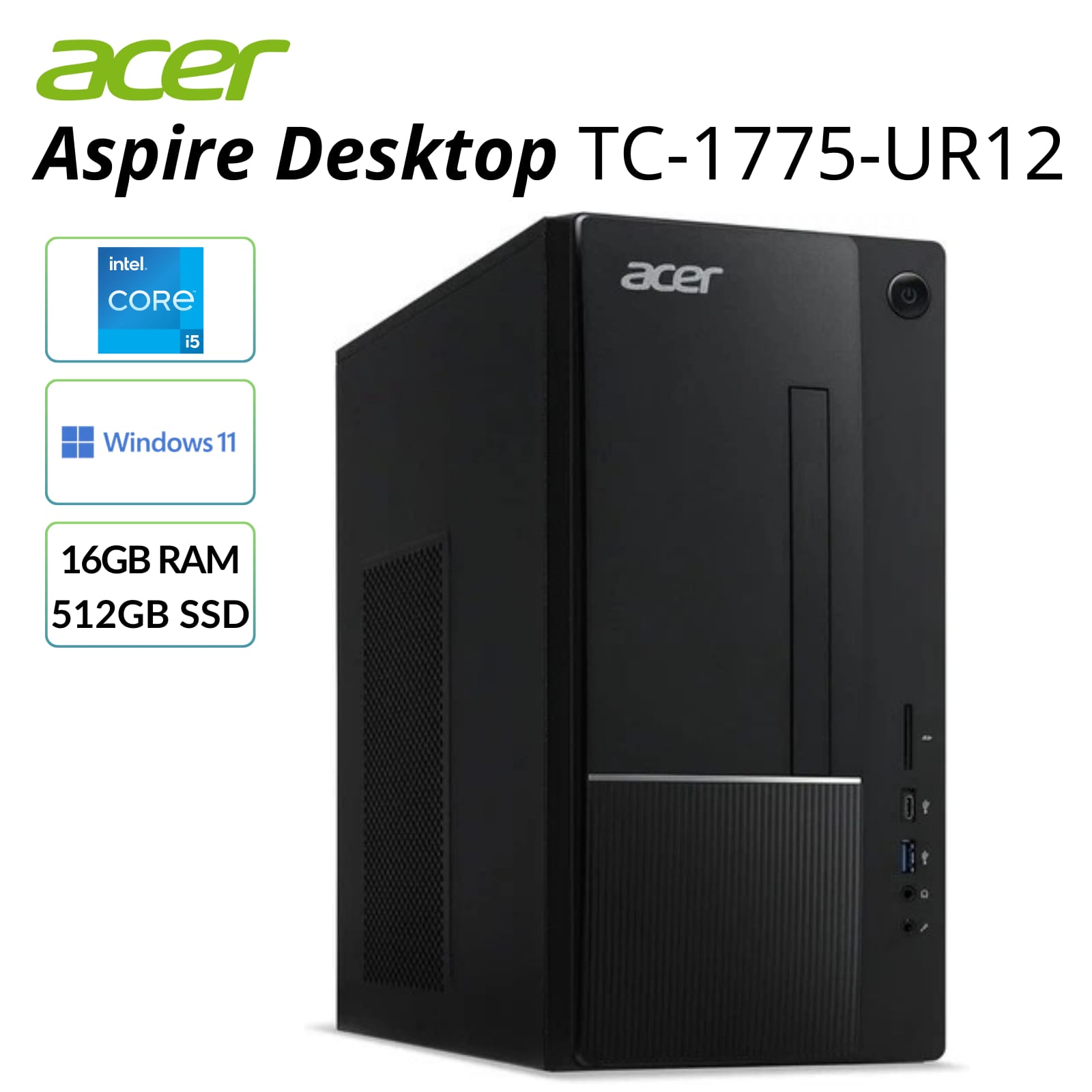 Acer - Aspire TC-1775-UR12 Desktop 16GB 512GB SSD Intel Core i5-14400 10-Core 2.5GHz Windows 11 Home - Black