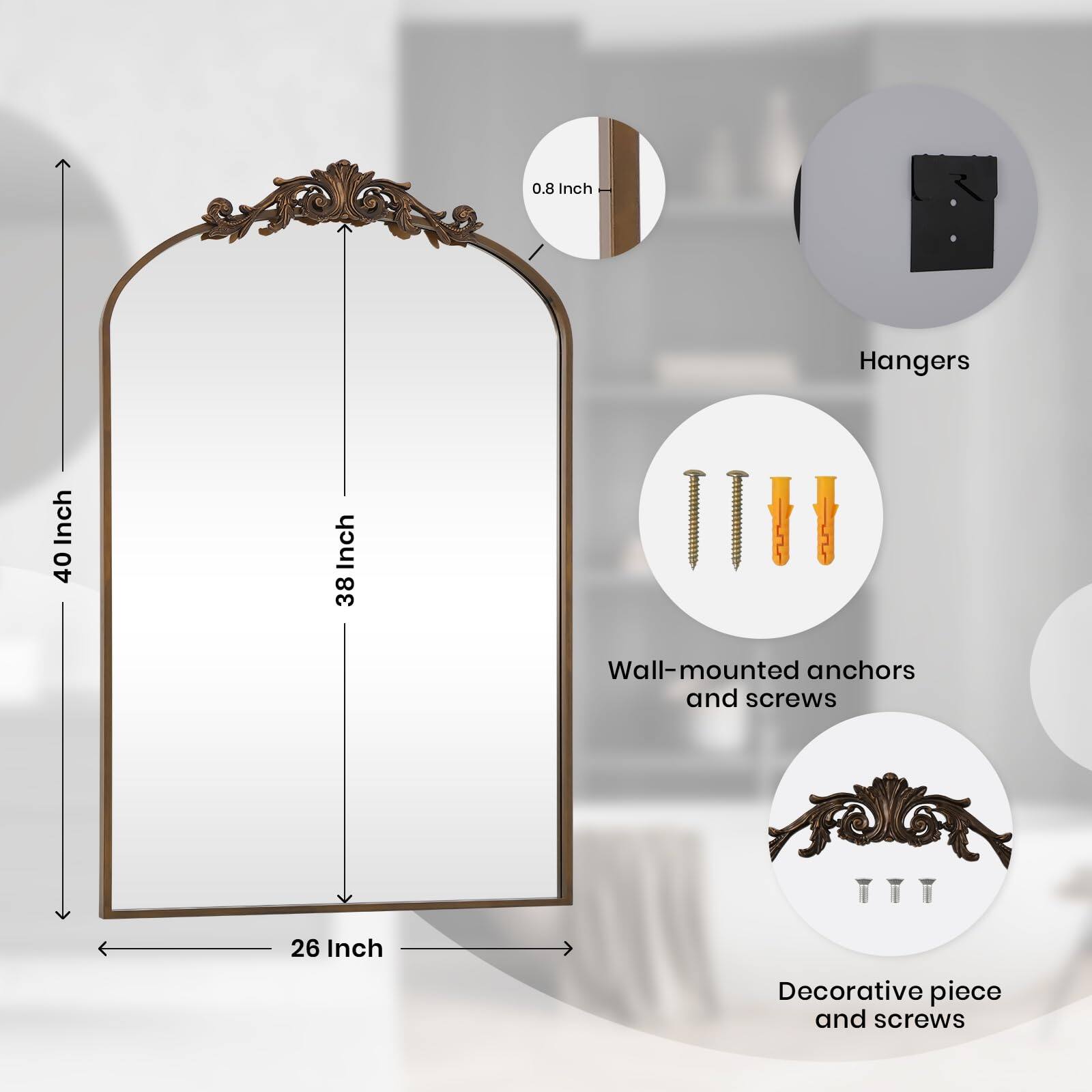 - 0.8 Inch Hangers
- 40 Inch Height
- 38 Inch Width
- 26 Inch Decorative piece
- Wall-mounted anchors and screws
- Decorative piece and screws