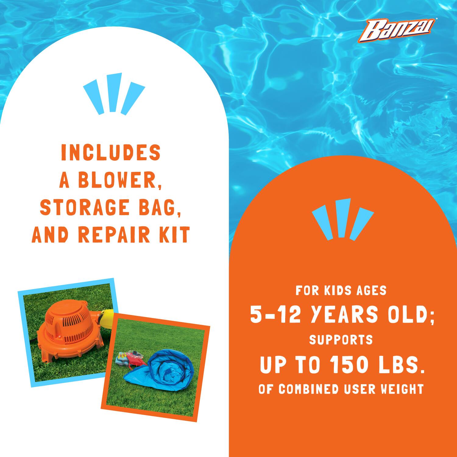 Banzai includes a blower, storage bag, and repair kit for kids ages 5-12 years old; supports up to 150 lbs. of combined user weight.