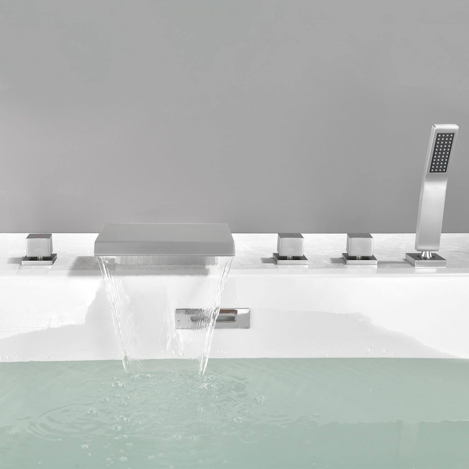 Alt View 2. Boyel Living - Brushed Nickel Waterfall Bath Tub Faucet with Handheld Shower SUS304 Hot Cold Control 5 Hole Installation High Flow Rate - Brushed Nickel.