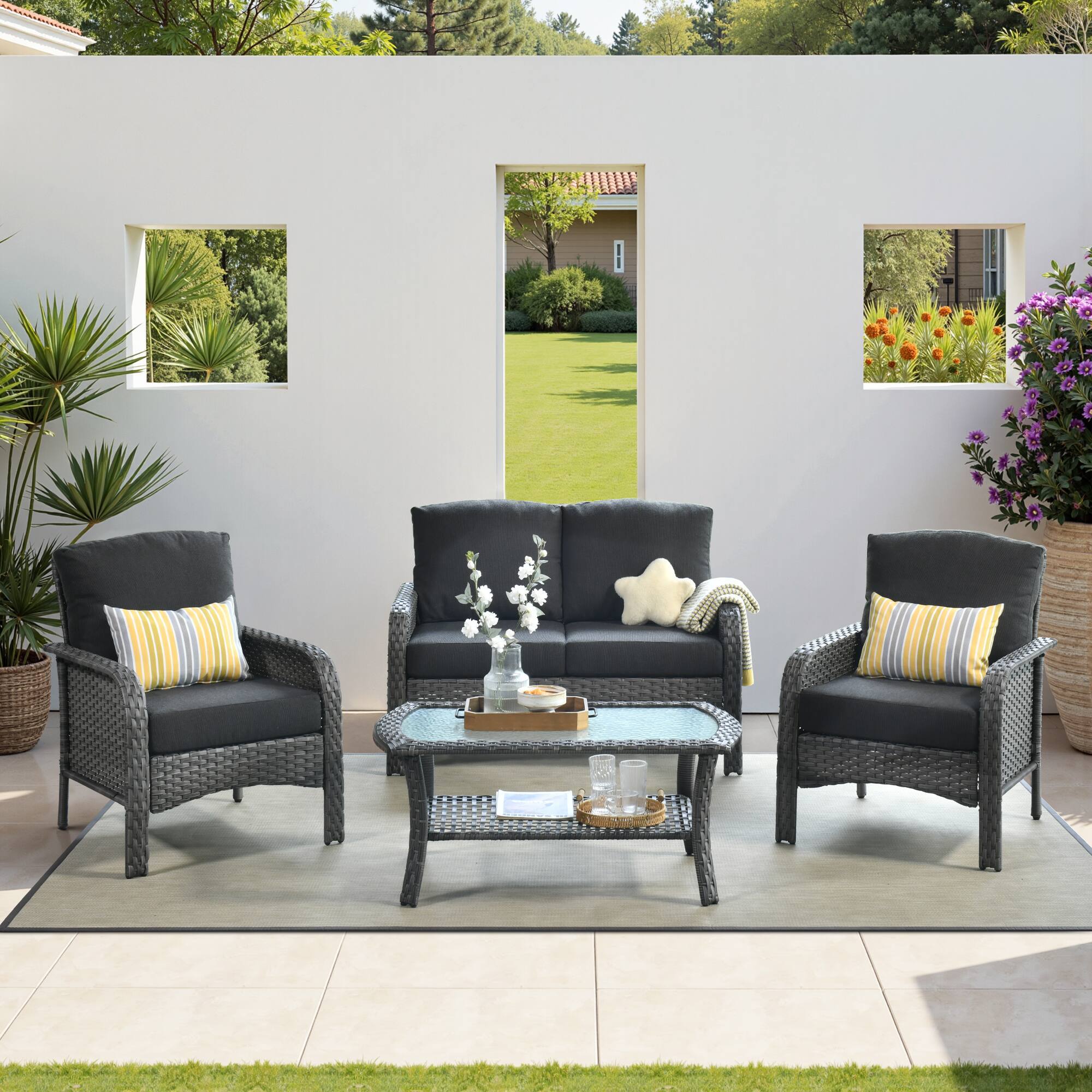 Front. Ovios - 4 PCS Patio Fruniture Set, Outdoor Wicker Sofa with Chairs, High Back Loveseat with Cushion - Black.