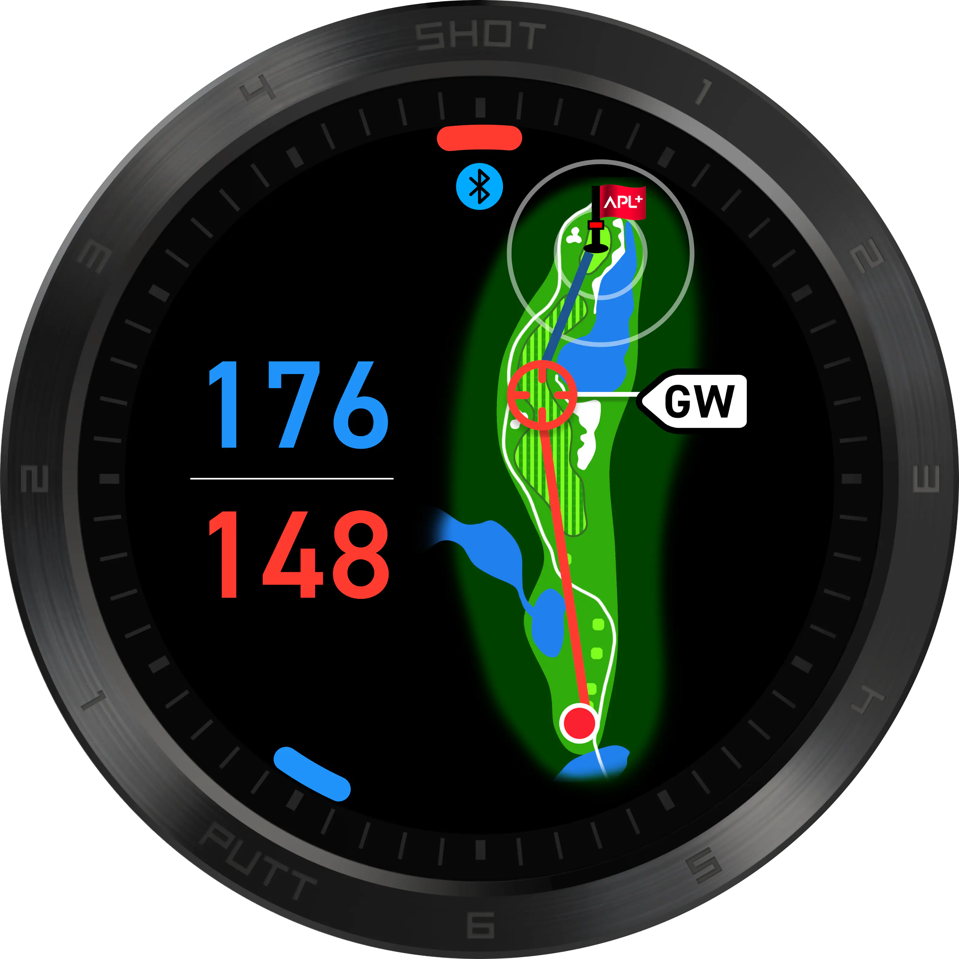 The text on the image can be grouped and corrected as follows:

1. "4 SHOT m APP+": This is a golf shot distance calculator that shows the distance to the hole in yards.
2. "176 148 GW": This is the golf course hole number and distance to the hole in yards.
3. "PUTT 6 5": This is the distance to the hole in yards for a putt.

The corrected text would be:

"4 SHOT m APP+ 176 148 GW PUTT 6 5"