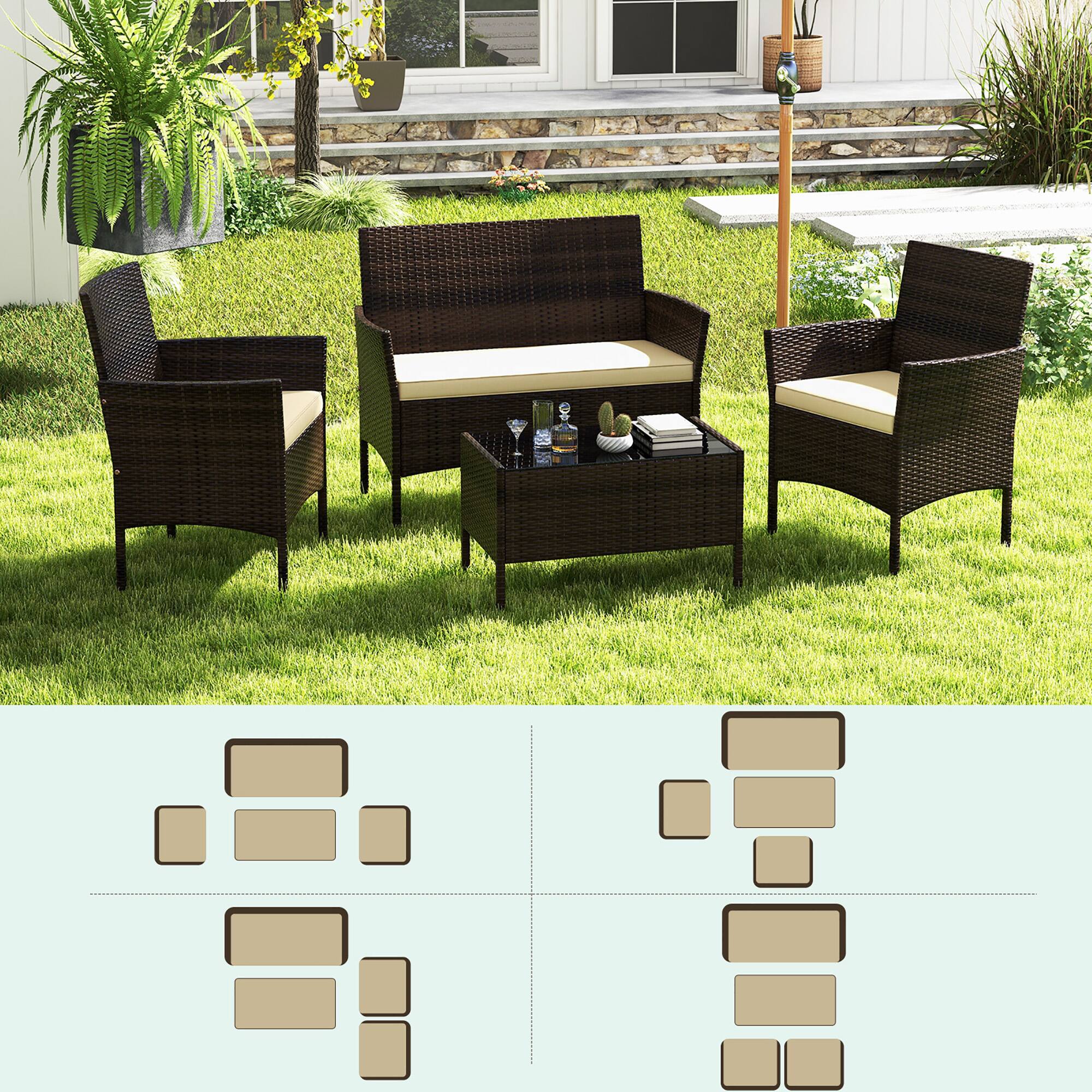 Alt View 5. Gymax - Gymax 4 PCS Patio Rattan Conversation Set Outdoor Wicker Furniture Set w/ Tempered Glass Table - Mix Brown, Beige.