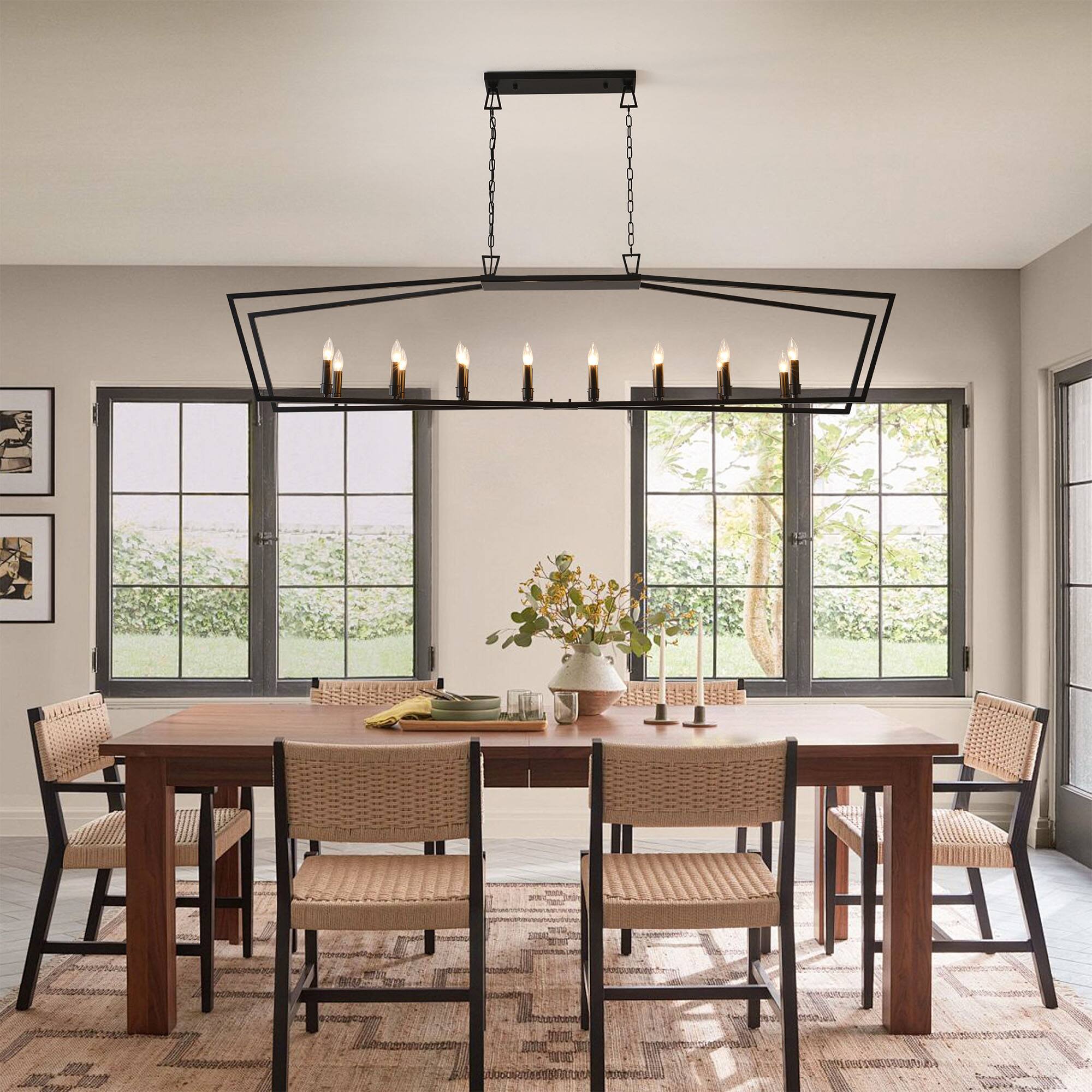 Left. RYHNUYNE - 16-Light Kitchen Island Linear Chandelier, Large Farmhouse Chandelier for Dining Room, Industrial Pendant Light Fixture - Black.