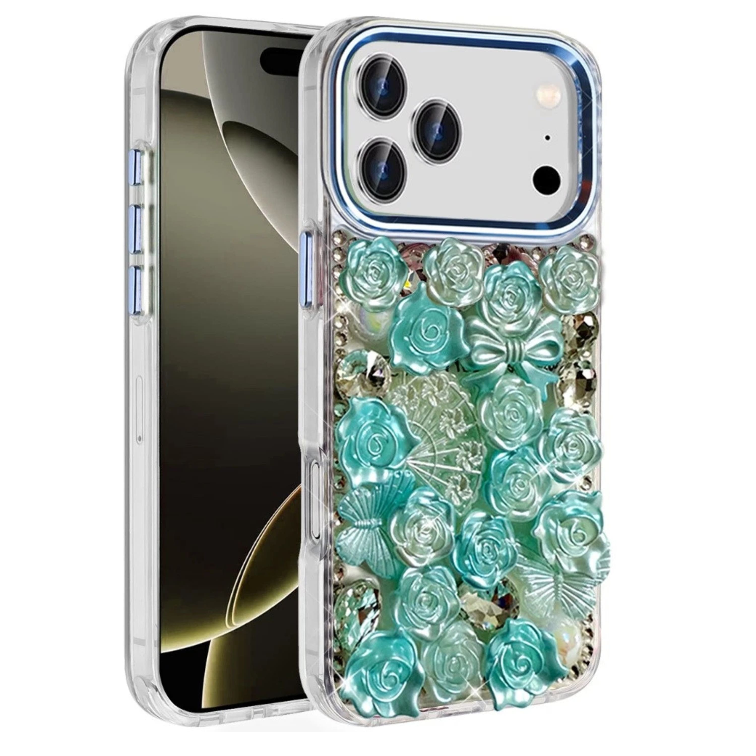 Kitcheniva - 3D Roses Arrangement Bling Phone Case With Tempered Glass For iPhone 17 Pro Max - Blue