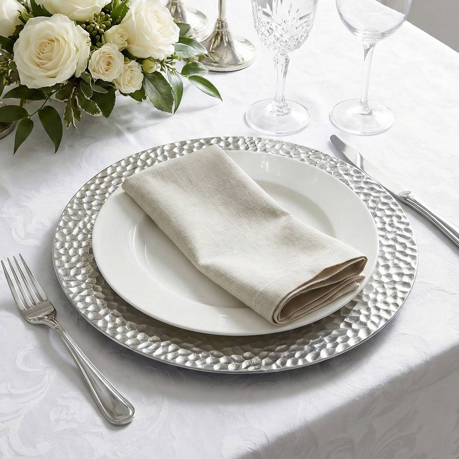 Left. American Atelier - Silver Hammered Charger Plate Set- 12 Pieces - Silver.