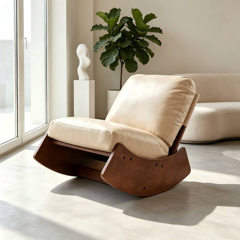 Back. Loheer - Loheer Cream Faux Leather Glider Rocking Chair Solid Wood Frame Accent Reading Chair for Nursery Bedroom Living Room - Cream.