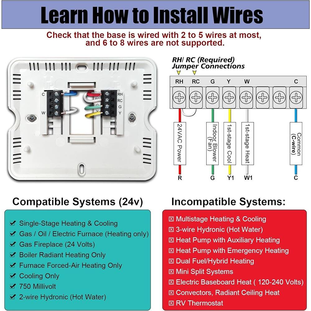 **Learn How to Install Wires**

Check that the base is wired with 2 to 5 wires at most, and 6 to 8 wires are not supported.

---

**RHI RC (Required) Jumper Connections**

- RH
- RC
- G
- Y
- W
- C

---

**24VAC Power**

- Indoor (Fan) Blower
- 1st-stage Cool
- 1st-stage Heat (C-wire)
- Common

---

**Compatible Systems (24v)**

- Single-Stage Heating & Cooling
- Gas / Oil / Electric Furnace (Heating only)
- Gas Fireplace (24 Volts)
- Boiler Radiant Heating Only
- Furnace Forced-Air Heating Only
- Cooling Only
- 750 Millivolt
- 2-wire Hydronic (Hot Water)

---

**Incompatible Systems:**

- Multistage Heating & Cooling
- 3-wire Hydronic (Hot Water)
- Heat Pump with Auxiliary Heating
- Heat Pump with Emergency Heating
- Dual Fuel/Hybrid Heating
- Mini Split Systems
- Electric Baseboard Heat (120-240 Volts)
- Convector,