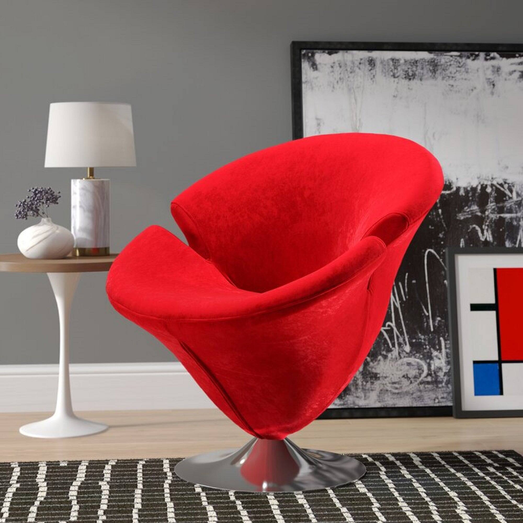 Angle. Manhattan Comfort - Tulip Modern Velvet Swivel Lounge Chair - Red.