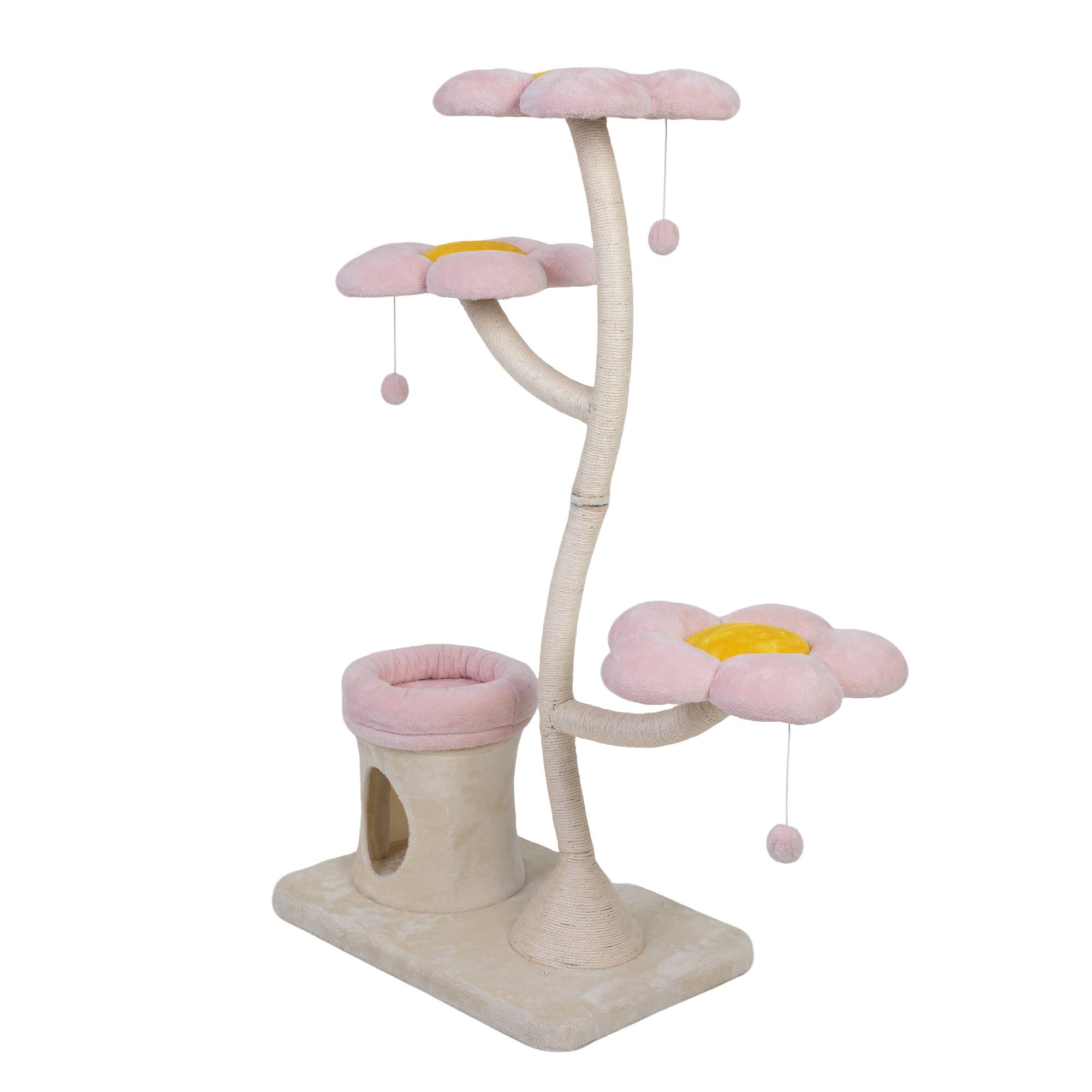 Angle. TinyHomie - Flower-Shaped Cat Tree with Blooming Platforms Bed Condo and Dangling Toys Multi-Level Cat Tower for Indoor Cats - Beige,Pink.