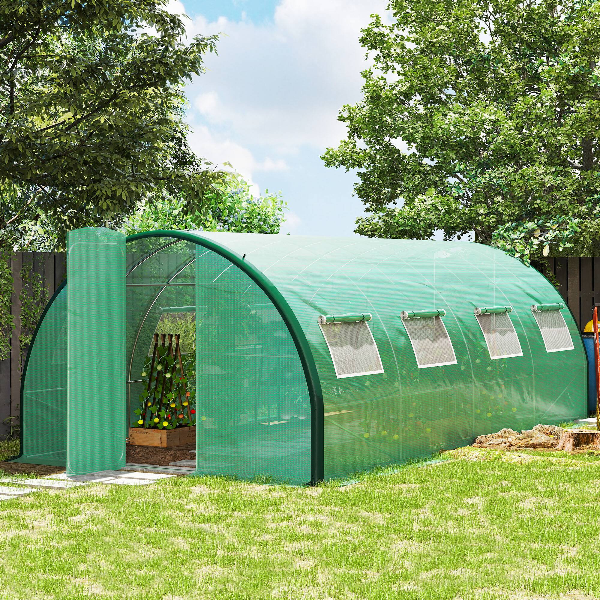 Alt View 1. Outsunny - 20' x 10' x 6.6' Walk-in Tunnel Greenhouse with Upgraded Structure, Outdoor Green House with 2 Hinged Doors - Green.